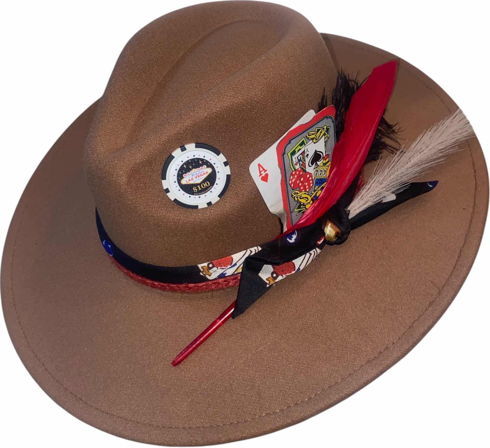 Photo 1 of NEW - CUSTOM DECORATED KAHKI TAN CASINO THEME FEDORA HAT WITH REMOVABLE FEATHER - ADJUSTABLE WITH INTERIOR RIBBON - TIE TO FIT
