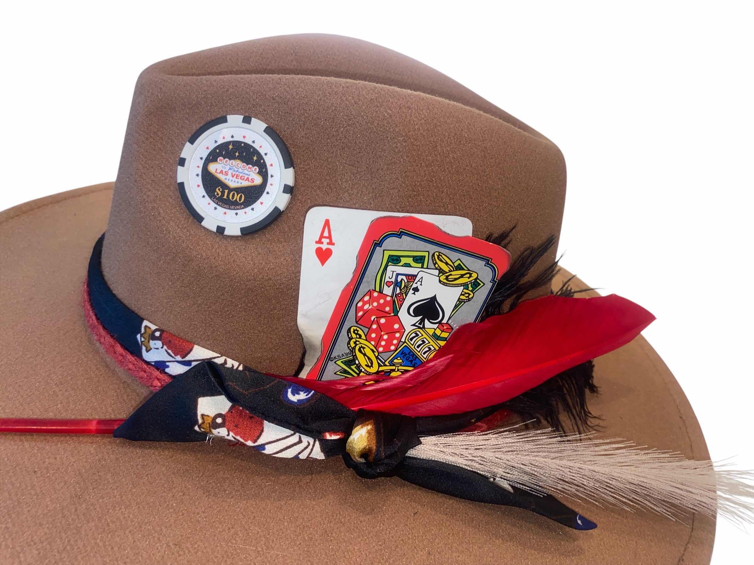 Photo 1 of NEW - CUSTOM DECORATED KAHKI TAN CASINO THEME FEDORA HAT WITH  REMOVABLE FEATHER - ADJUSTABLE WITH INTERIOR RIBBON - TIE TO FIT