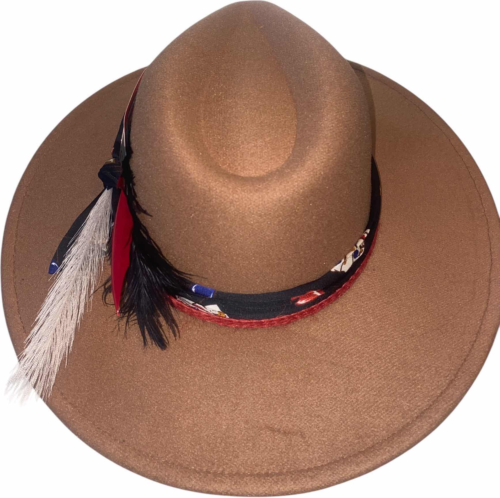 Photo 1 of NEW - CUSTOM DECORATED KAHKI TAN CASINO THEME FEDORA HAT WITH  REMOVABLE FEATHER - ADJUSTABLE WITH INTERIOR RIBBON - TIE TO FIT