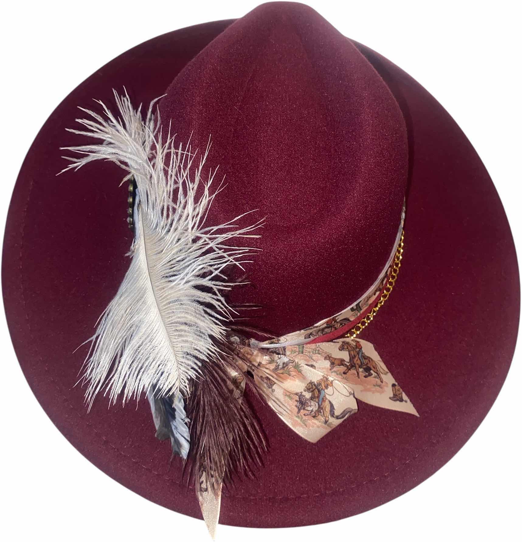 Photo 1 of NEW - CUSTOM DECORATED CABERNET FEDORA HAT WITH UPCYCLED LOUIS VUITTON MONOGRAM EMBELLISHMENTS & FEATHERS  - ADJUSTABLE WITH INTERIOR RIBBON - TIE TO FIT