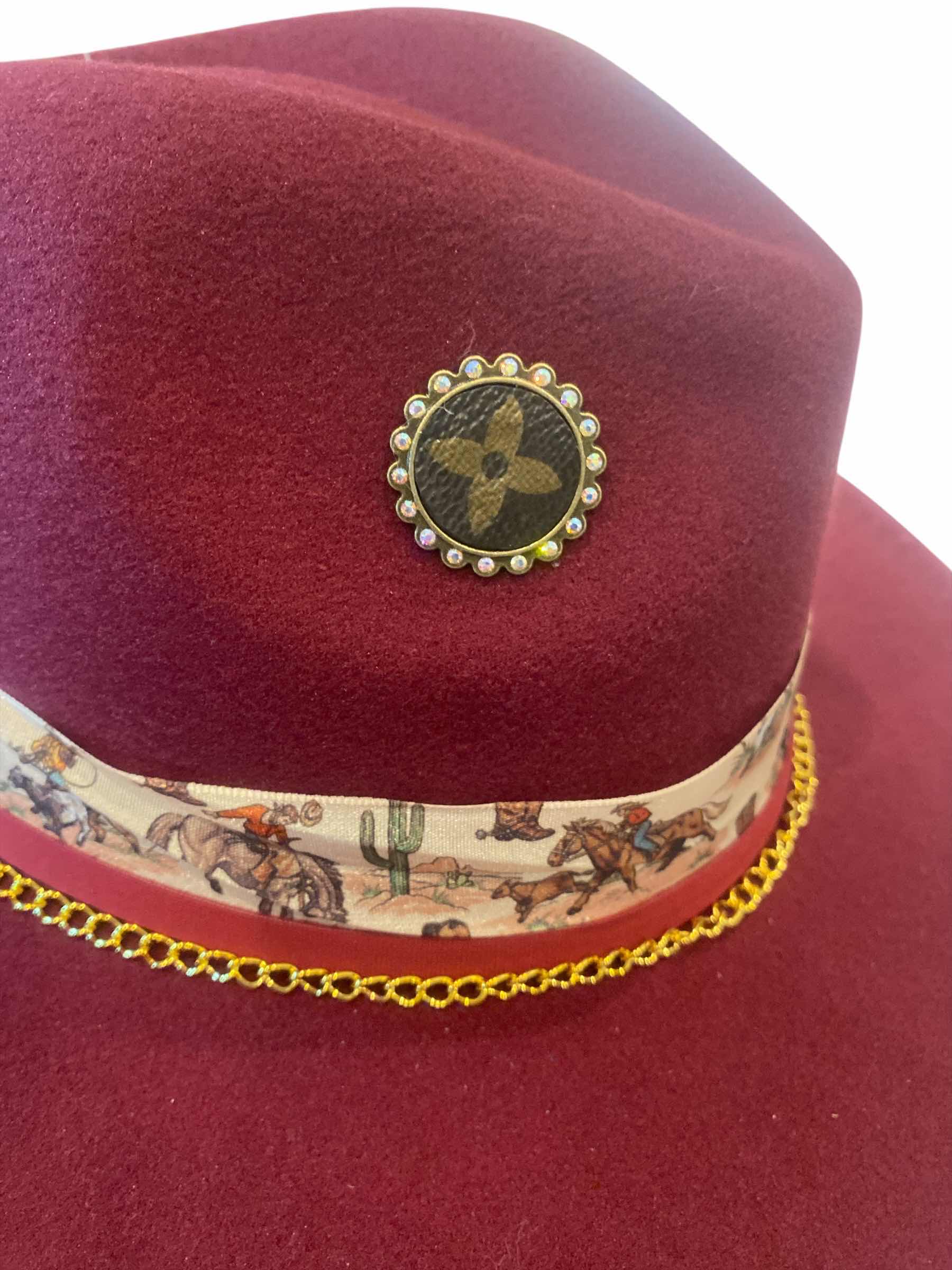 Photo 1 of NEW - CUSTOM DECORATED CABERNET FEDORA HAT WITH UPCYCLED LOUIS VUITTON MONOGRAM EMBELLISHMENTS & FEATHERS  - ADJUSTABLE WITH INTERIOR RIBBON - TIE TO FIT