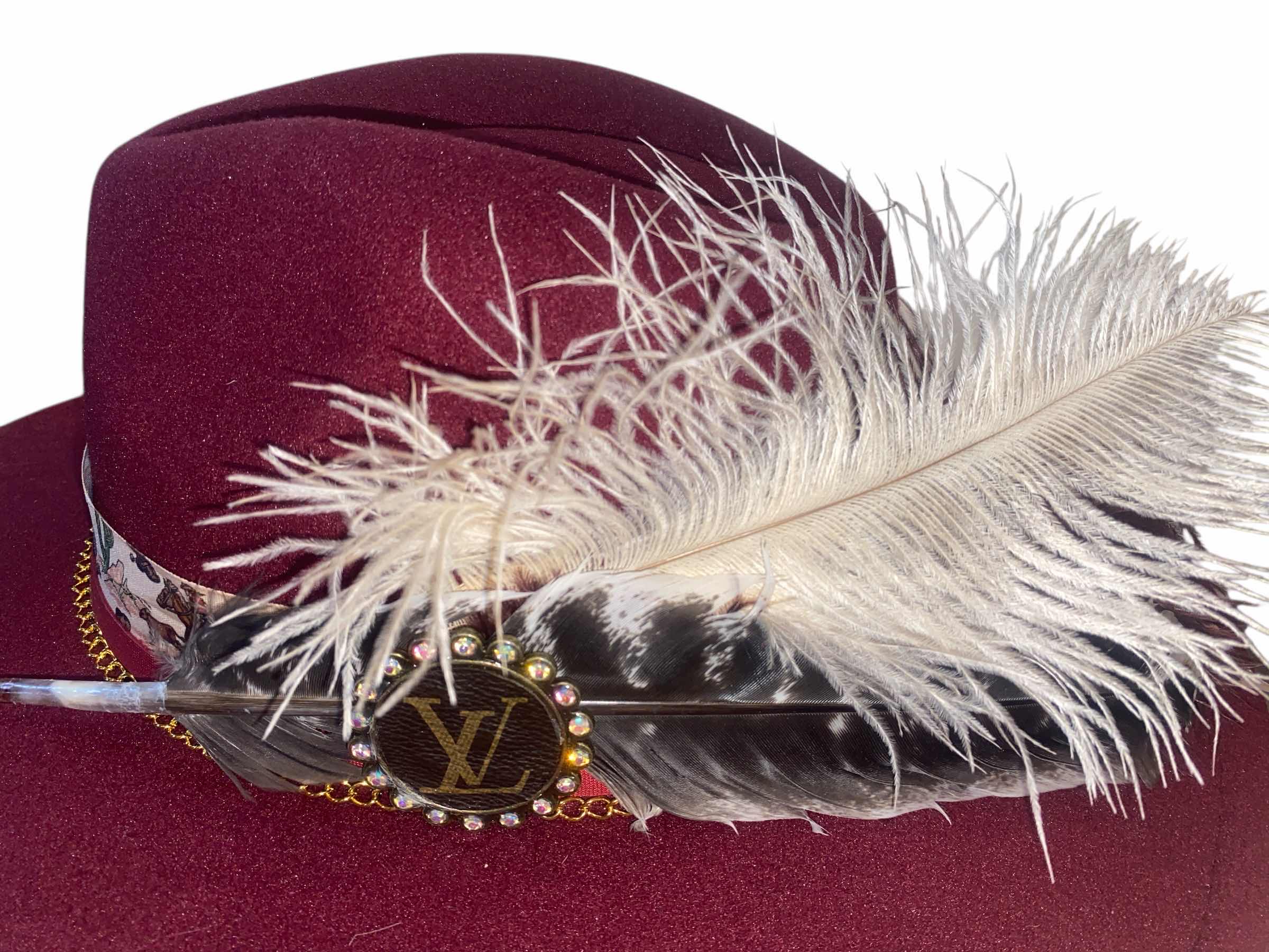 Photo 1 of NEW - CUSTOM DECORATED CABERNET FEDORA HAT WITH UPCYCLED LOUIS VUITTON MONOGRAM EMBELLISHMENTS & FEATHERS  - ADJUSTABLE WITH INTERIOR RIBBON - TIE TO FIT