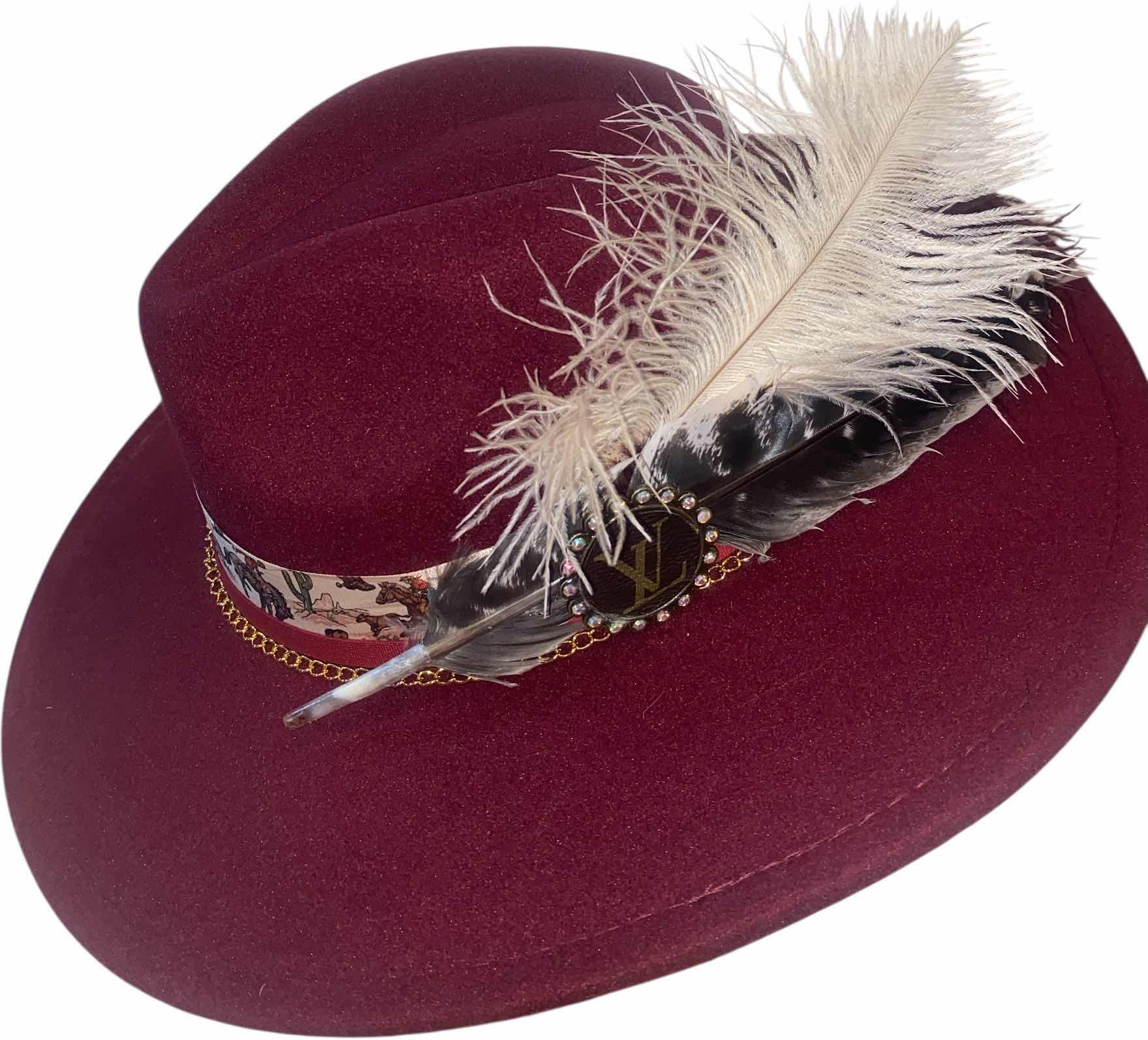 Photo 1 of NEW - CUSTOM DECORATED CABERNET FEDORA HAT WITH UPCYCLED LOUIS VUITTON MONOGRAM EMBELLISHMENTS & FEATHERS  - ADJUSTABLE WITH INTERIOR RIBBON - TIE TO FIT