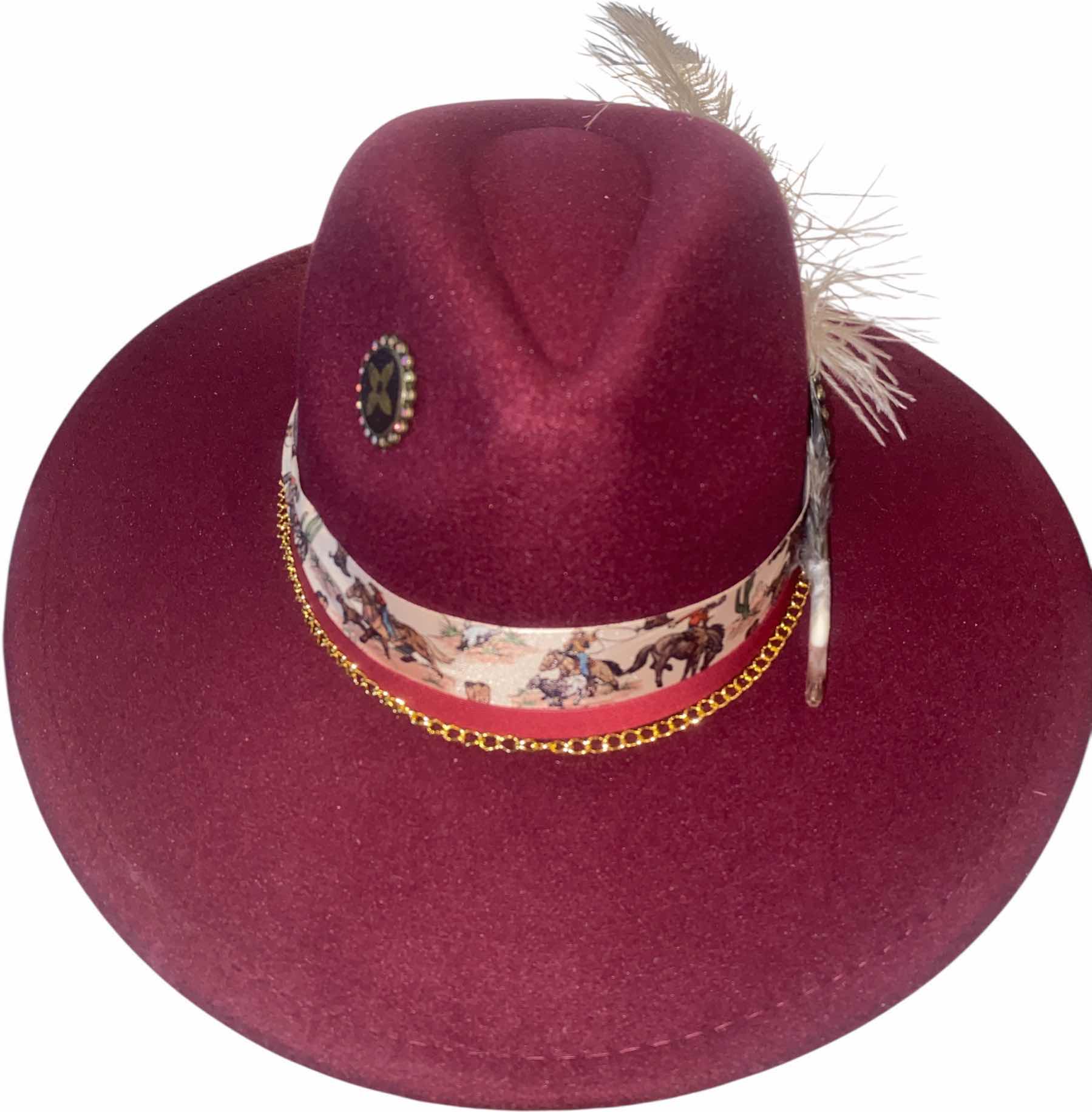 Photo 1 of NEW - CUSTOM DECORATED CABERNET FEDORA HAT WITH UPCYCLED LOUIS VUITTON MONOGRAM EMBELLISHMENTS & FEATHERS  - ADJUSTABLE WITH INTERIOR RIBBON - TIE TO FIT