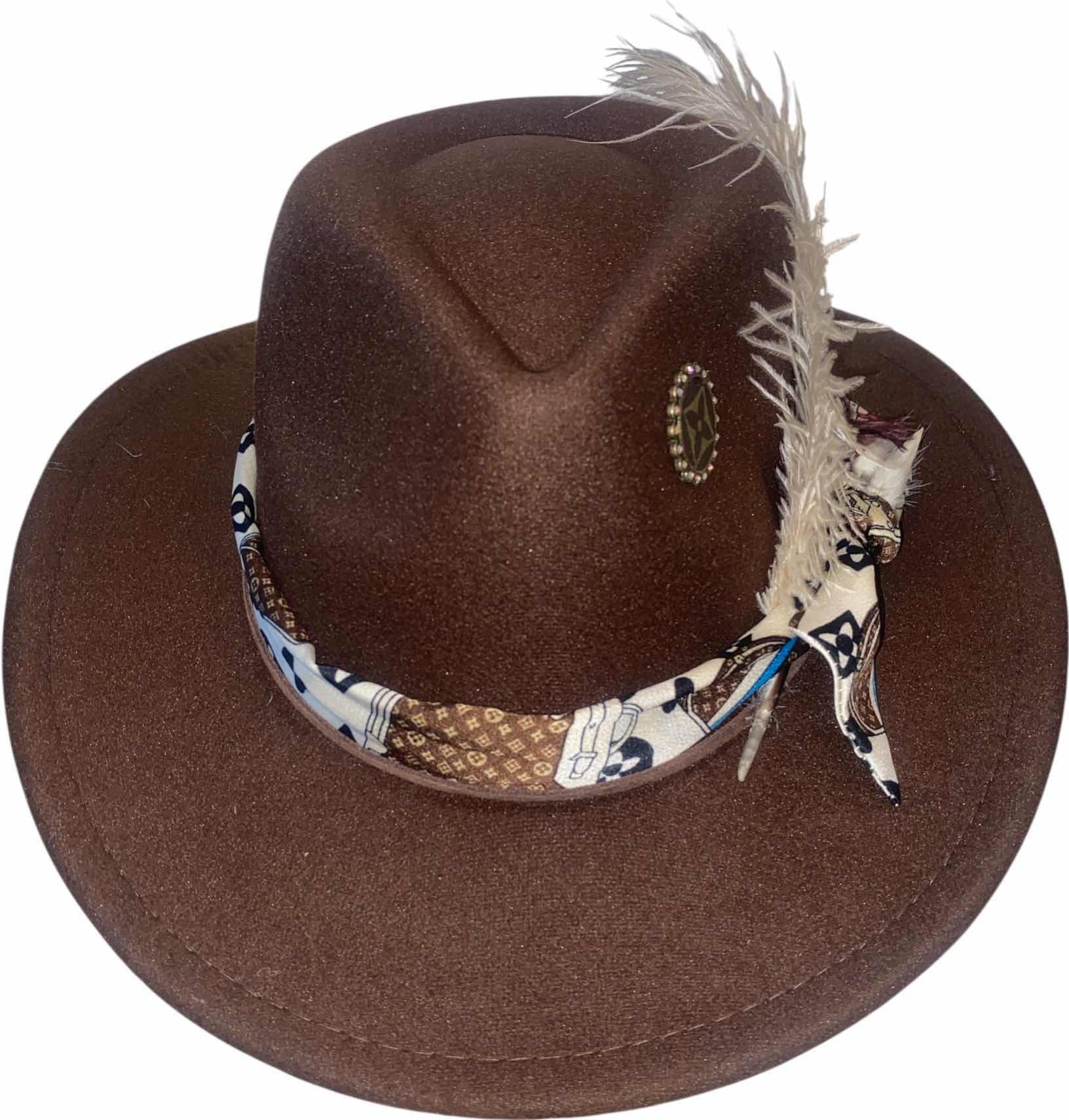 Photo 1 of NEW - CUSTOM DECORATED BOWN WESTERN HAT WITH UPCYCLED LOUIS VUITTON MONOGRAM EMBELLISHMENT FEATHERS  - LV REPLICA SCARF- ADJUSTABLE WITH INTERIOR RIBBON - TIE TO FIT