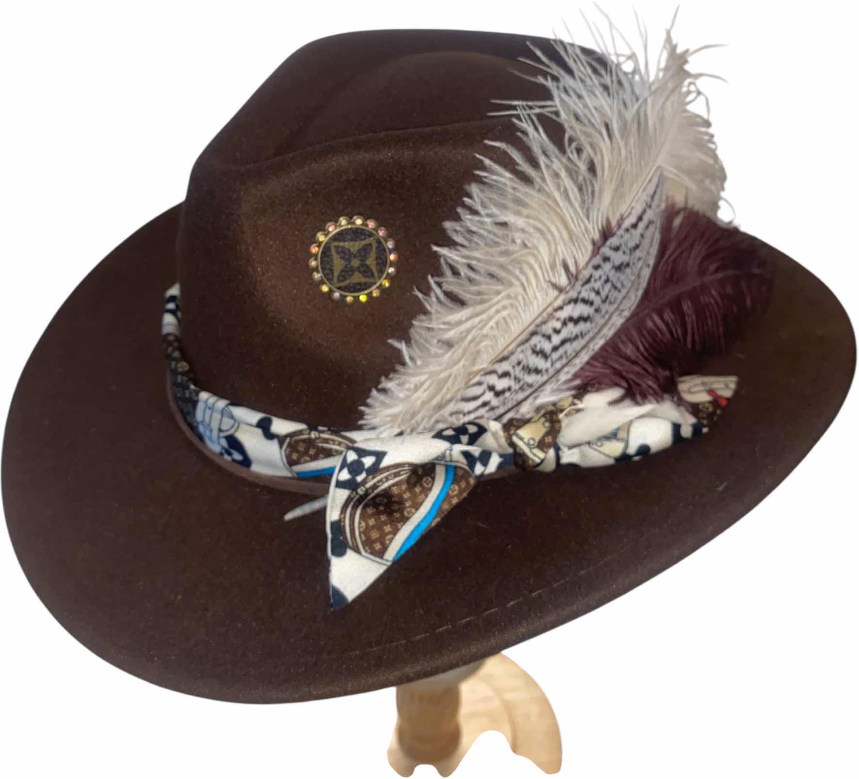 Photo 1 of NEW - CUSTOM DECORATED BOWN WESTERN HAT WITH UPCYCLED LOUIS VUITTON MONOGRAM EMBELLISHMENT FEATHERS  - LV REPLICA SCARF- ADJUSTABLE WITH INTERIOR RIBBON - TIE TO FIT