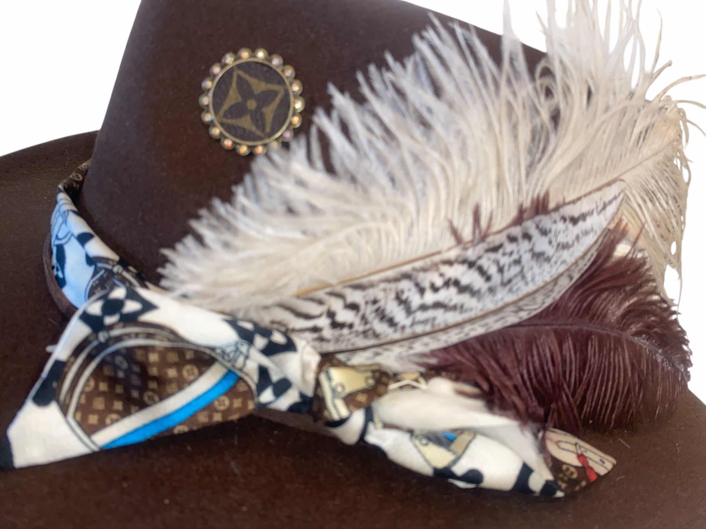 Photo 1 of NEW - CUSTOM DECORATED BOWN WESTERN HAT WITH UPCYCLED LOUIS VUITTON MONOGRAM EMBELLISHMENT FEATHERS  - LV REPLICA SCARF- ADJUSTABLE WITH INTERIOR RIBBON - TIE TO FIT