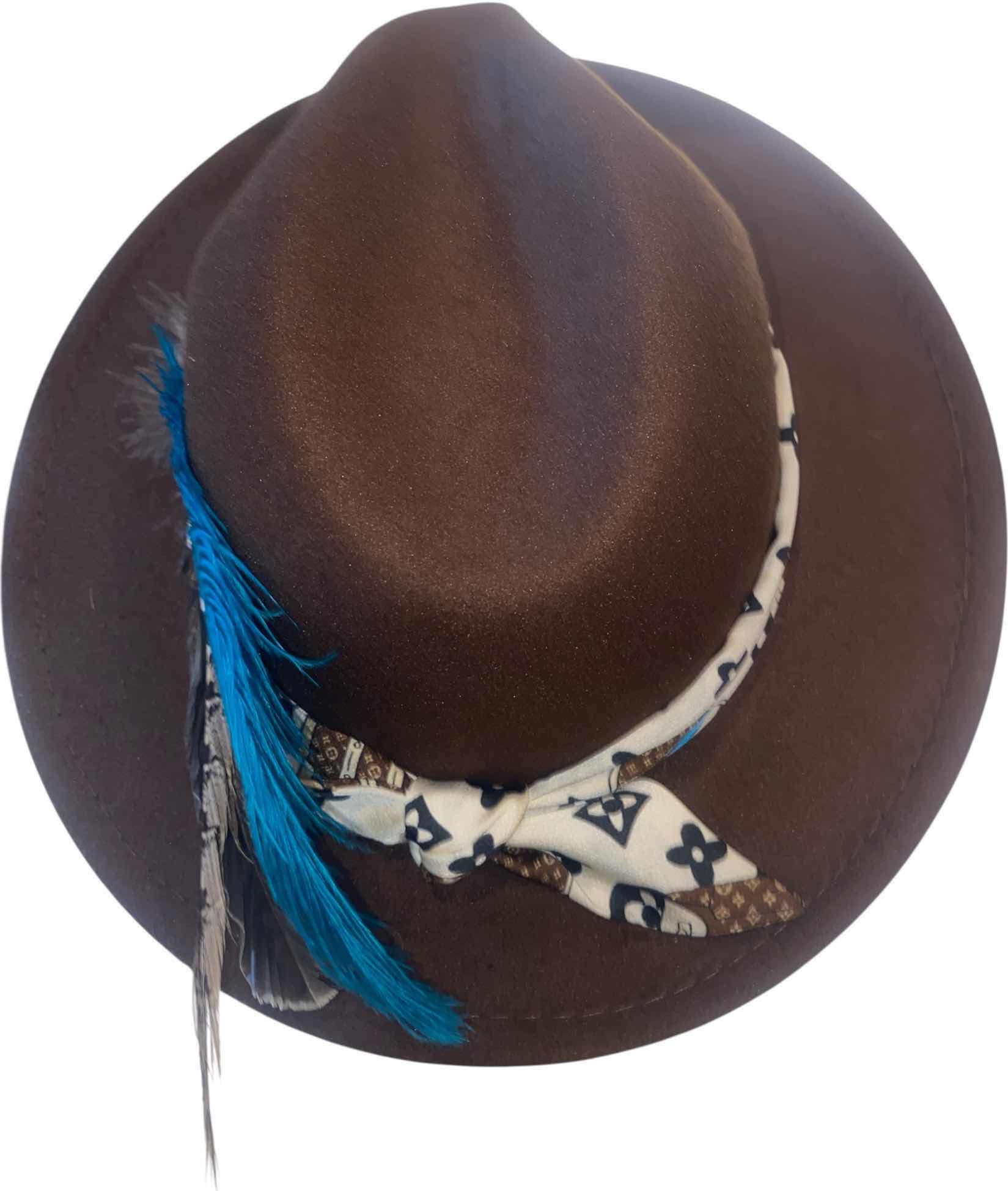Photo 1 of WESTERN HAT WITH UPCYCLED LOUIS VUITTON MONOGRAM EMBELLISHMENT FEATHERS  - LV REPLICA SCARF- ADJUSTABLE WITH INTERIOR RIBBON - TIE TO FIT