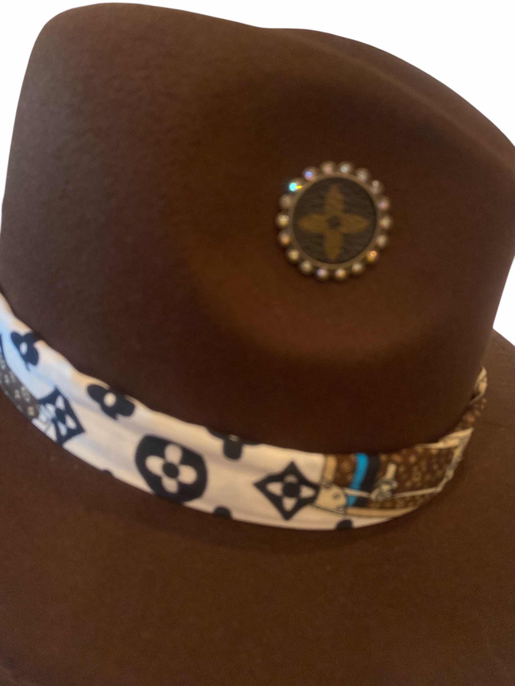 Photo 1 of WESTERN HAT WITH UPCYCLED LOUIS VUITTON MONOGRAM EMBELLISHMENT FEATHERS  - LV REPLICA SCARF- ADJUSTABLE WITH INTERIOR RIBBON - TIE TO FIT