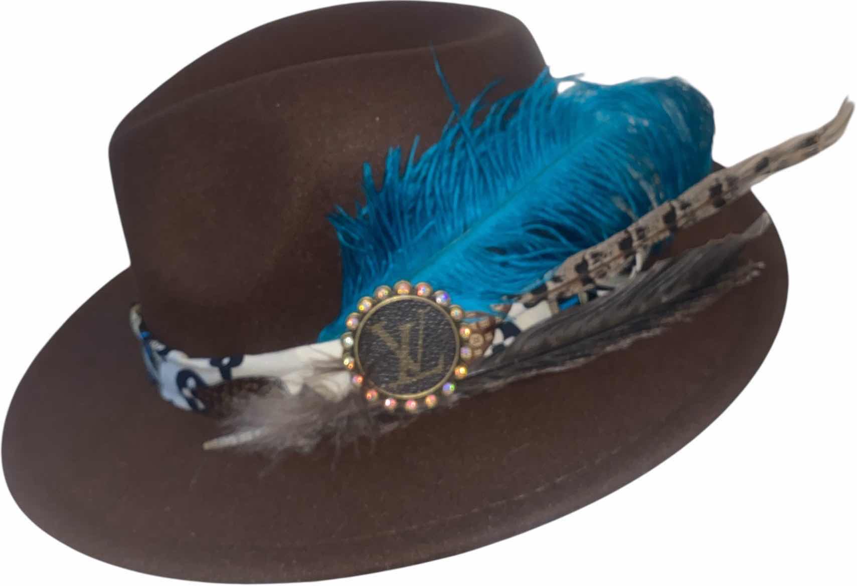 Photo 1 of WESTERN HAT WITH UPCYCLED LOUIS VUITTON MONOGRAM EMBELLISHMENT FEATHERS - LV REPLICA SCARF- ADJUSTABLE WITH INTERIOR RIBBON - TIE TO FIT