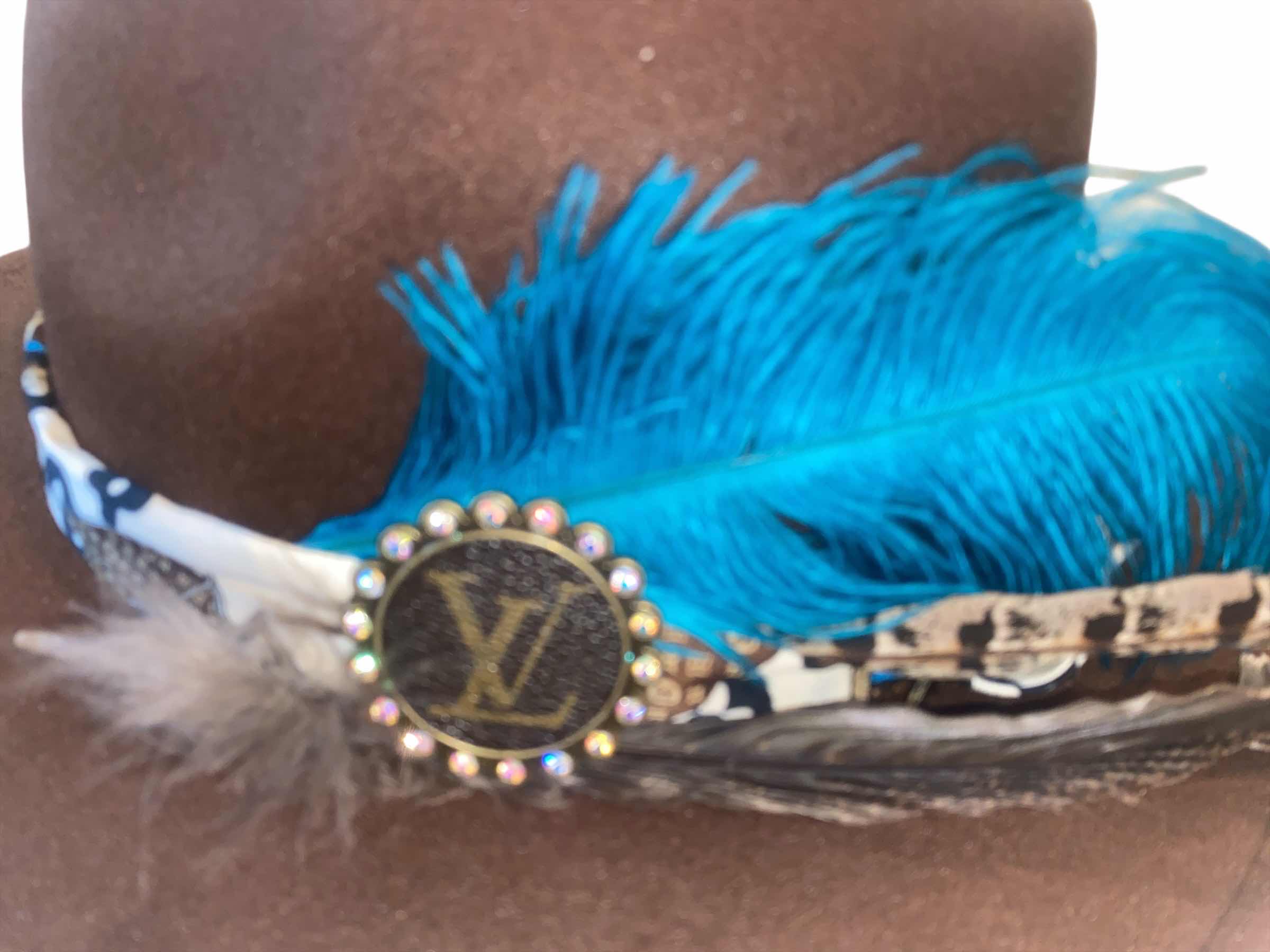 Photo 1 of WESTERN HAT WITH UPCYCLED LOUIS VUITTON MONOGRAM EMBELLISHMENT FEATHERS  - LV REPLICA SCARF- ADJUSTABLE WITH INTERIOR RIBBON - TIE TO FIT