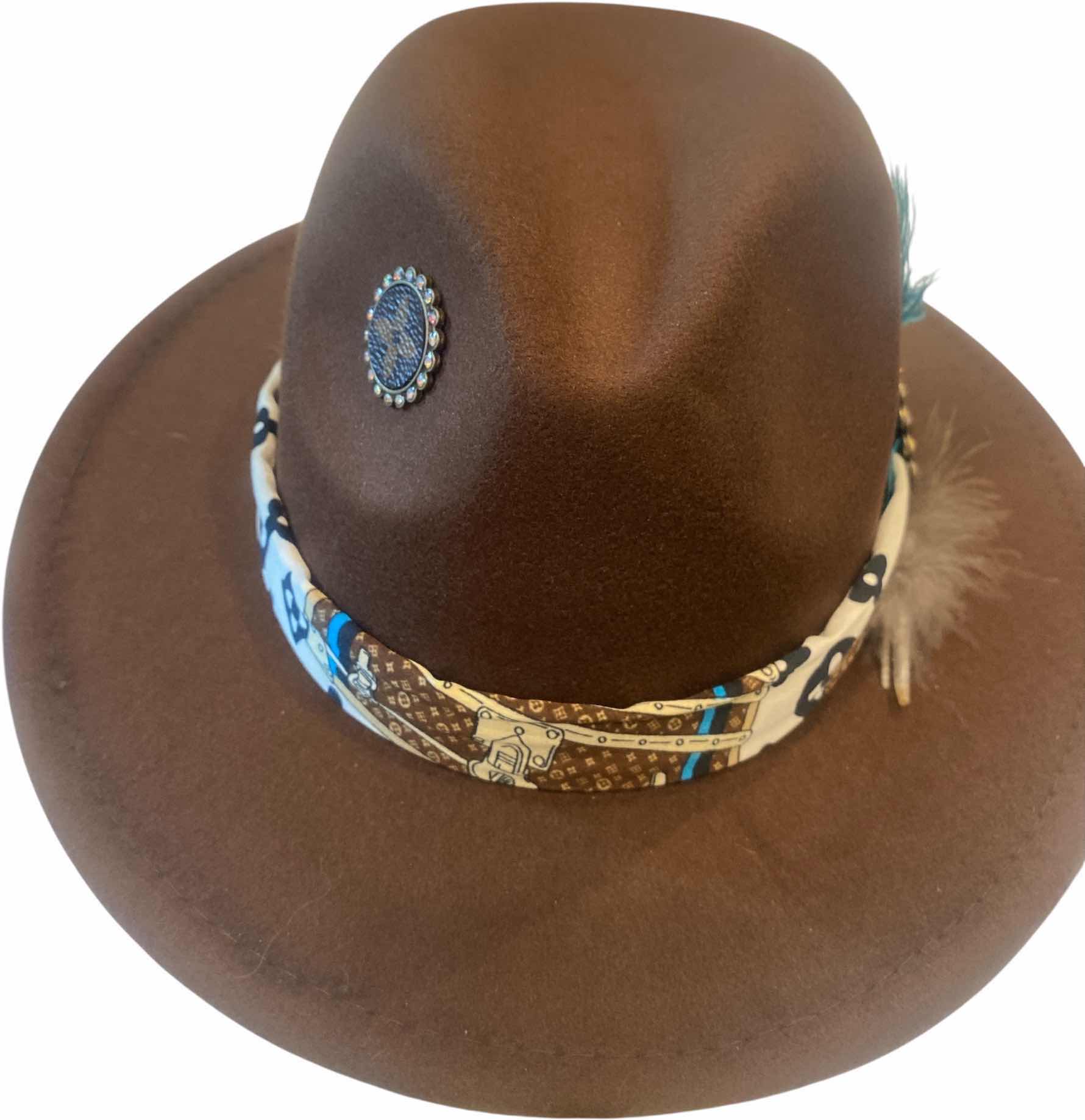 Photo 1 of WESTERN HAT WITH UPCYCLED LOUIS VUITTON MONOGRAM EMBELLISHMENT FEATHERS  - LV REPLICA SCARF- ADJUSTABLE WITH INTERIOR RIBBON - TIE TO FIT