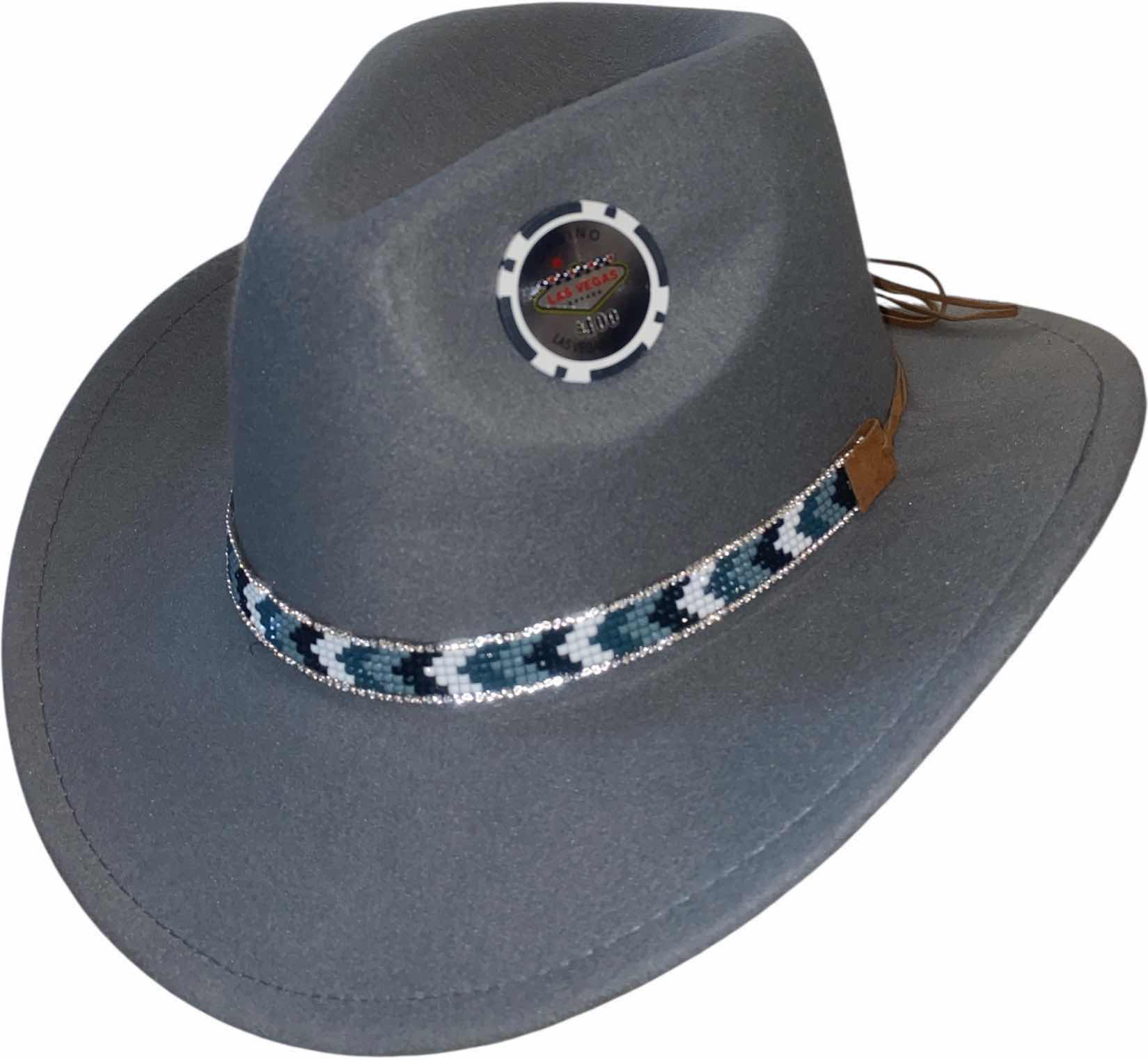 Photo 1 of NEW - CUSTOM DECORTED GRAY CASINO WESTERN HAT WITH HAT BAND - ADULT SIZE INTERIOR RIBBON TO ADJUST