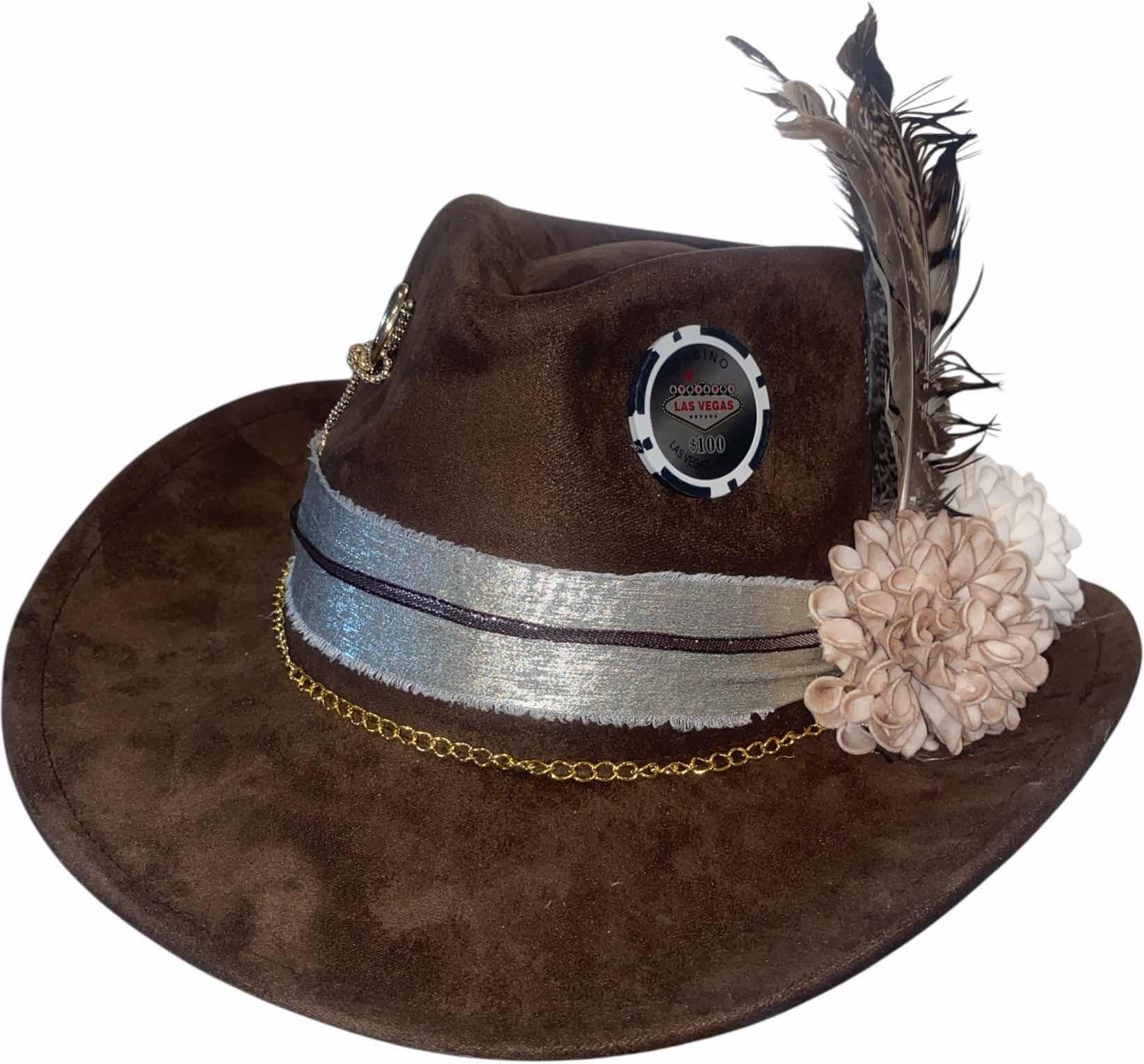 Photo 1 of NEW - CUSTOM DECORATED BROWN CASINO WESTERN HAT WITH HAT FLORAL EMBELLISHMENT - ADULT SIZE INTERIOR RIBBON TO ADJUST