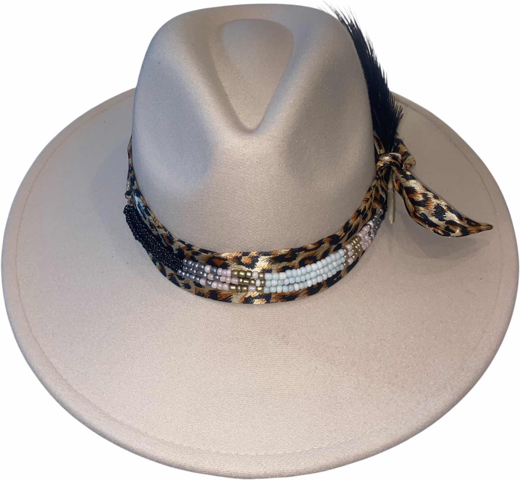 Photo 1 of NEW - CUSTOM DECORATED CREAM FEDORA HAT WITH  REMOVABLE FEATHER - ADJUSTABLE WITH INTERIOR RIBBON - TIE TO FIT