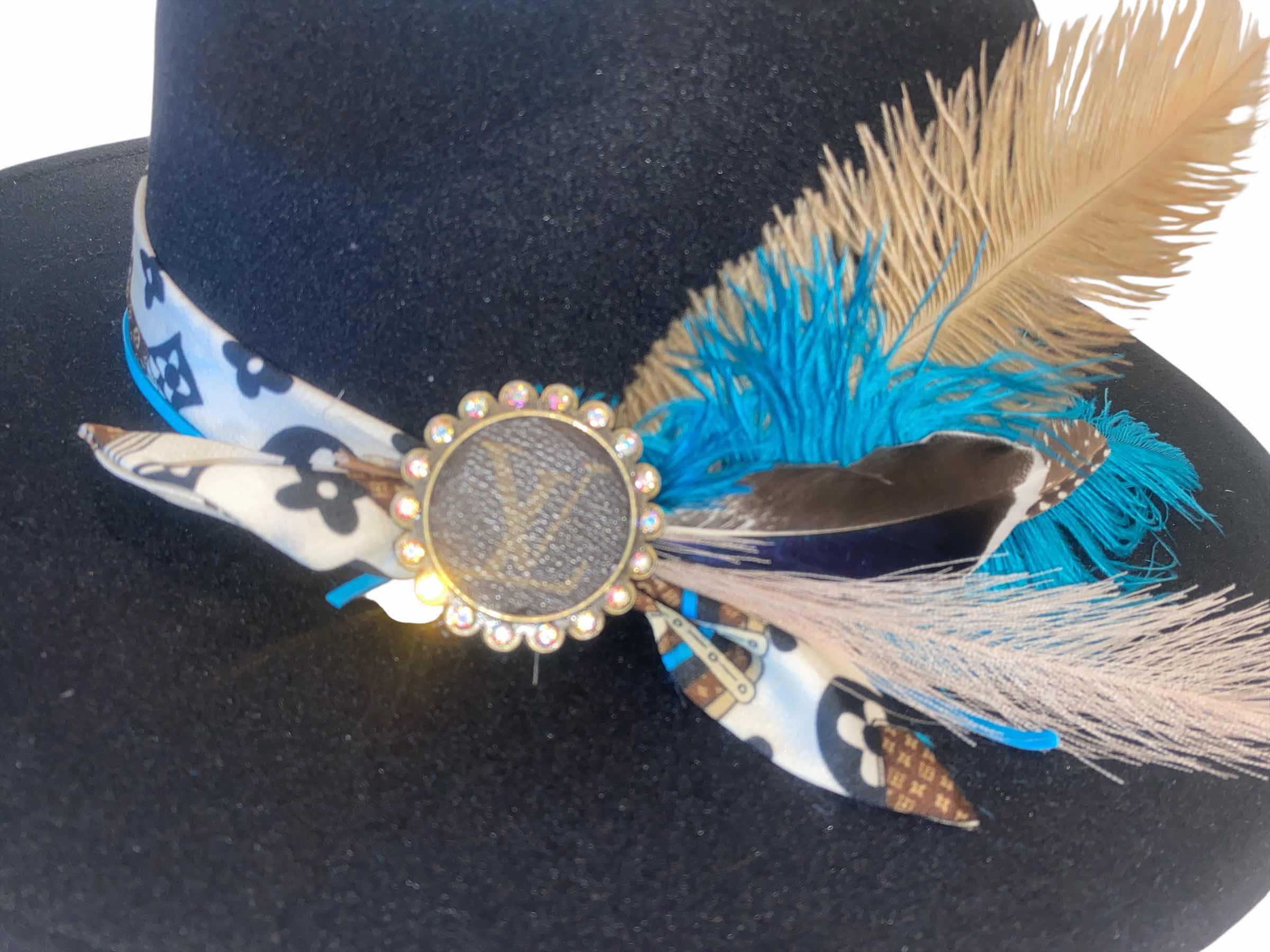 Photo 1 of WESTERN HAT WITH UPCYCLED LOUIS VUITTON MONOGRAM EMBELLISHMENT FEATHERS  - LV REPLICA SCARF- ADJUSTABLE WITH INTERIOR RIBBON - TIE TO FIT