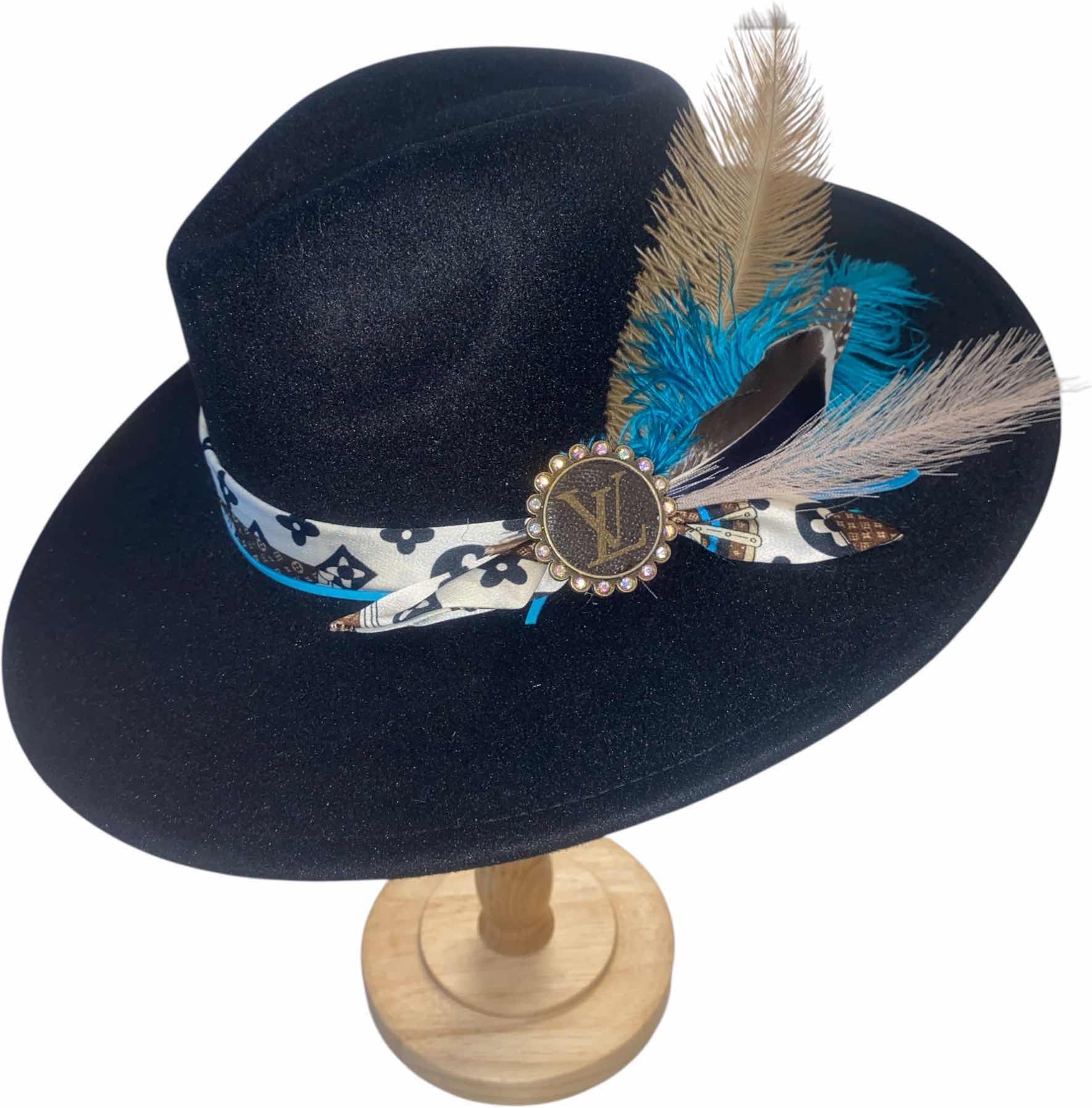 Photo 1 of WESTERN HAT WITH UPCYCLED LOUIS VUITTON MONOGRAM EMBELLISHMENT FEATHERS  - LV REPLICA SCARF- ADJUSTABLE WITH INTERIOR RIBBON - TIE TO FIT