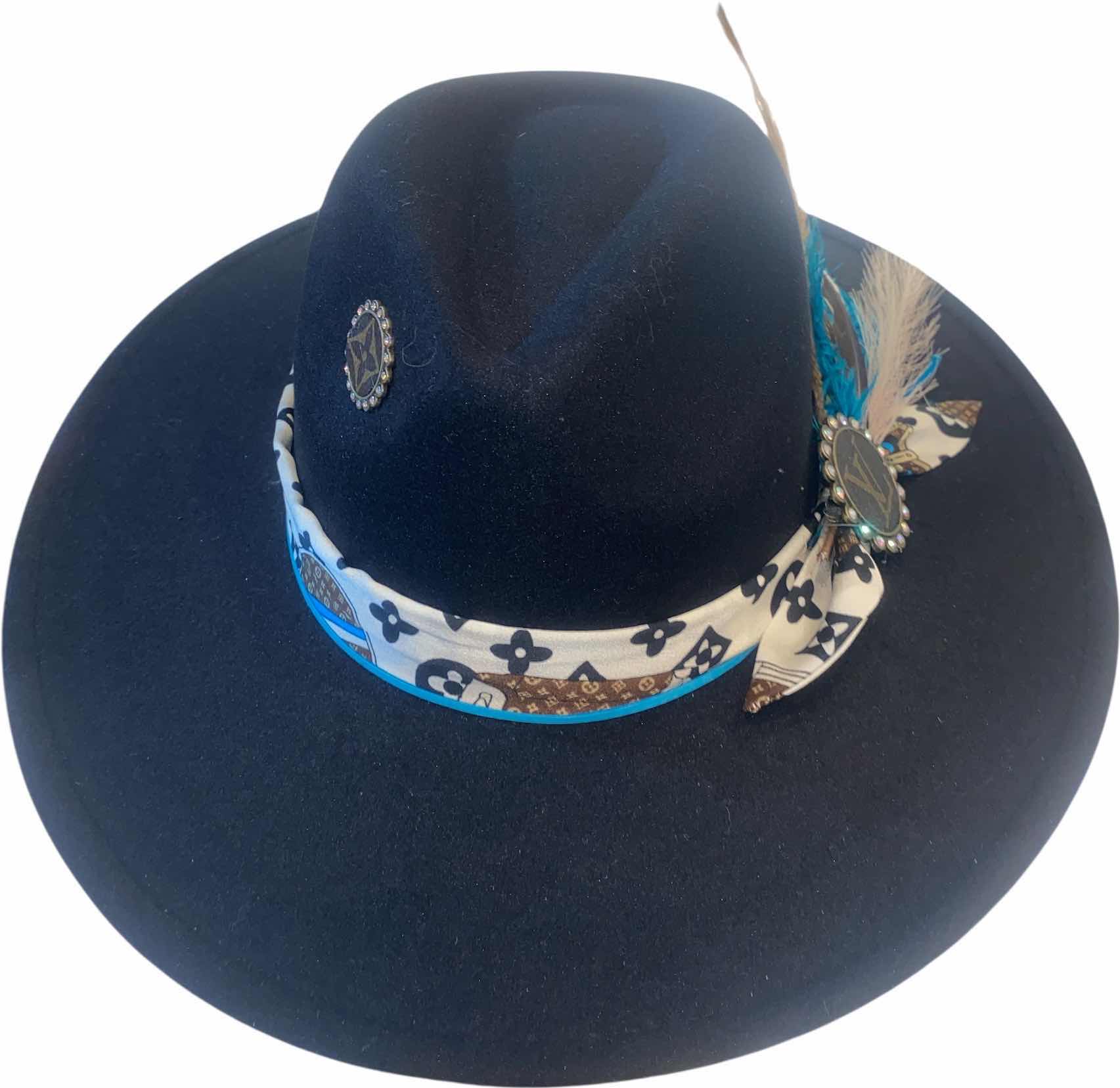 Photo 1 of WESTERN HAT WITH UPCYCLED LOUIS VUITTON MONOGRAM EMBELLISHMENT FEATHERS  - LV REPLICA SCARF- ADJUSTABLE WITH INTERIOR RIBBON - TIE TO FIT