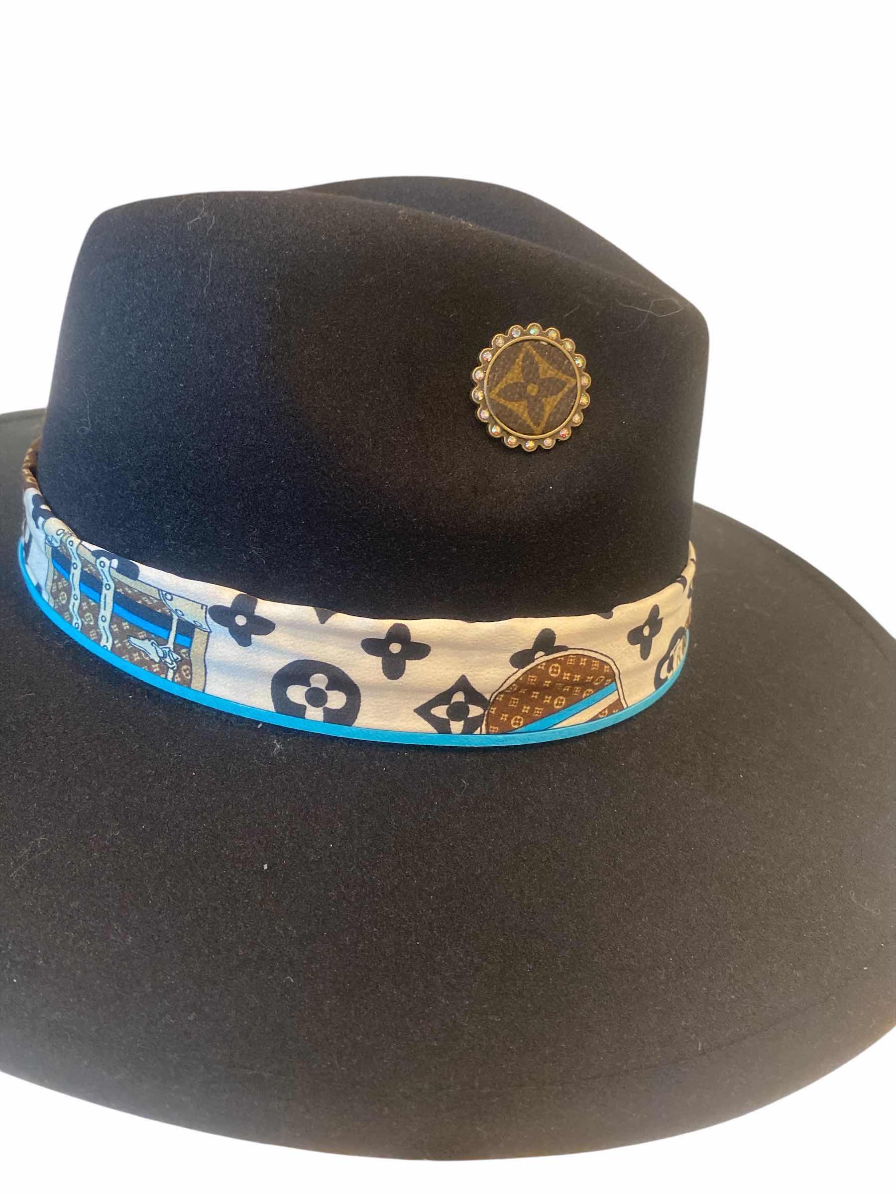 Photo 1 of WESTERN HAT WITH UPCYCLED LOUIS VUITTON MONOGRAM EMBELLISHMENT FEATHERS  - LV REPLICA SCARF- ADJUSTABLE WITH INTERIOR RIBBON - TIE TO FIT