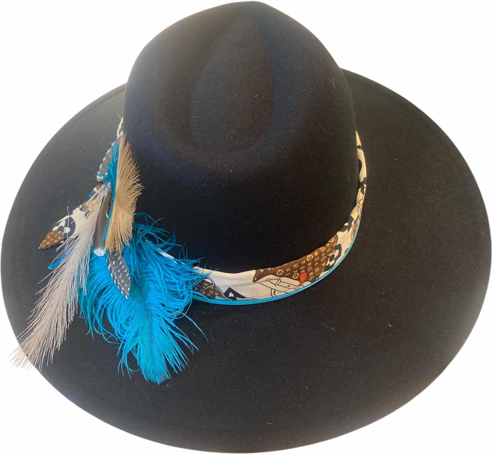 Photo 1 of WESTERN HAT WITH UPCYCLED LOUIS VUITTON MONOGRAM EMBELLISHMENT FEATHERS  - LV REPLICA SCARF- ADJUSTABLE WITH INTERIOR RIBBON - TIE TO FIT