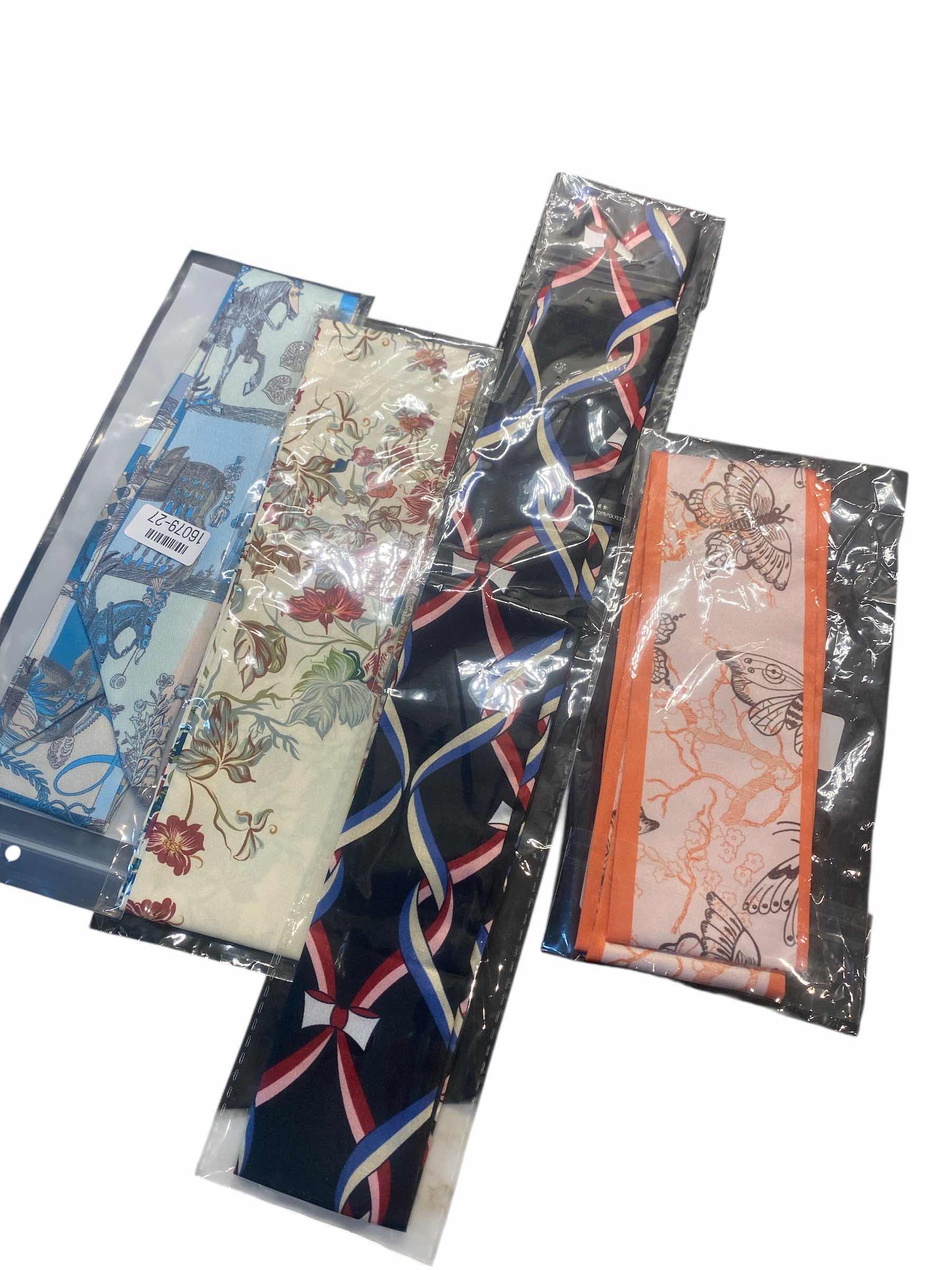 Photo 1 of NEW - 4 HAIR/ HEAD/ HATBAND SCARFS WITH BLACK REUSEABLE NYLON BAG