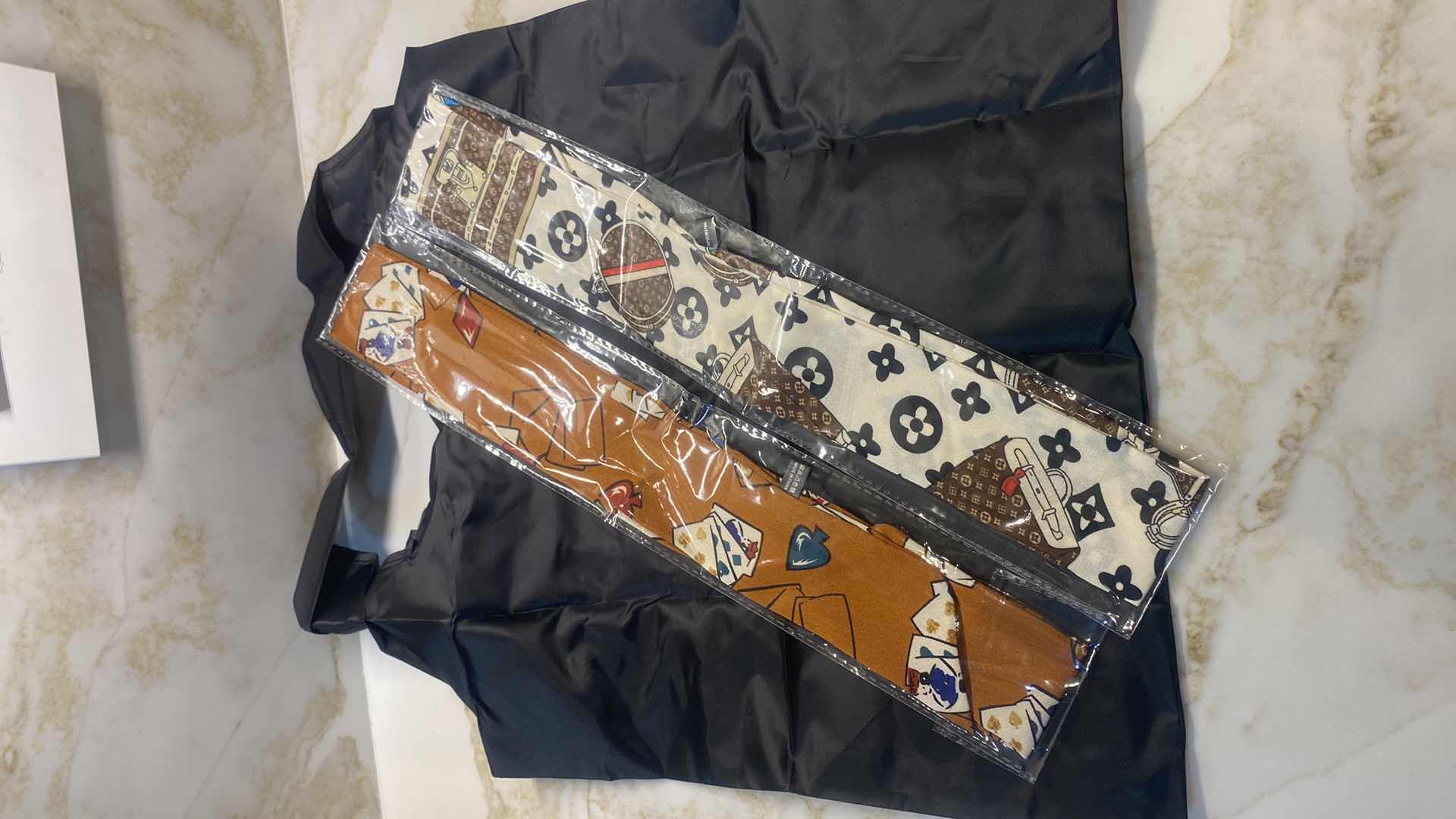 Photo 1 of 2 NEW - 1 REPLICA LOUIS VUITTON & 1 CARDS THEME HAIR TIES/HEAD WRAP/ NECK//HAT SCARFS WITH BLACK REUSABLE NYLON BAG