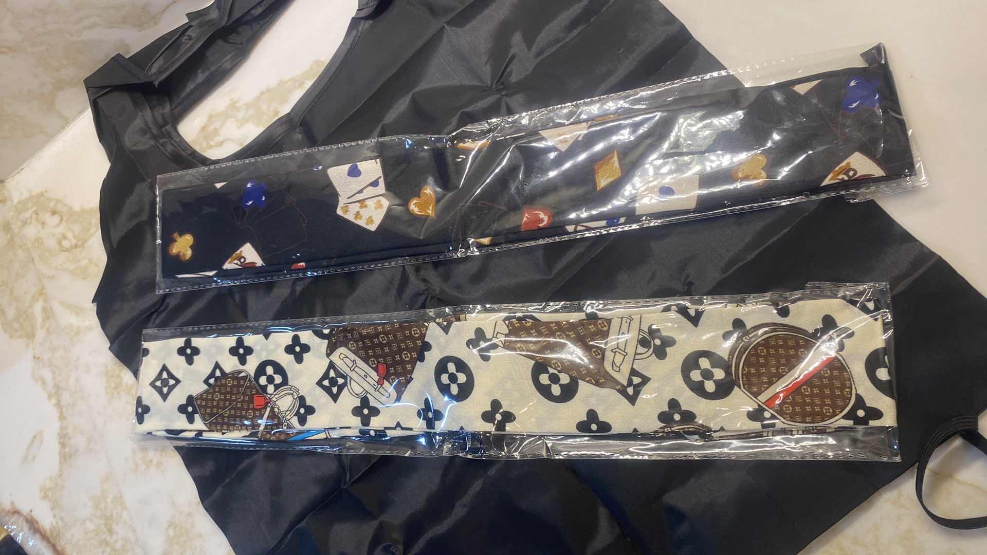 Photo 1 of 2 NEW - 1 REPLICA LOUIS VUITTON & 1 CARDS THEME HAIR TIES/HEAD WRAP/ NECK//HAT SCARFS WITH BLACK REUSABLE NYLON BAG