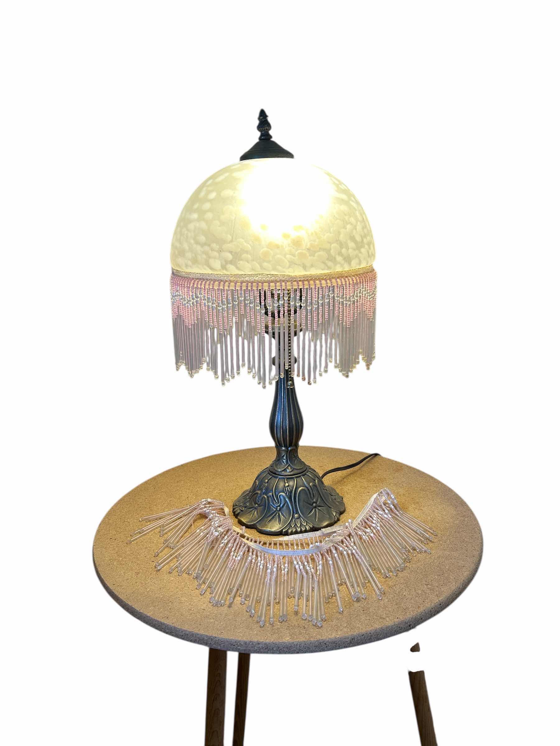 Photo 1 of VINTAGE BEADED BOUDOIR  LAMP WITH EXTRA BEADED SURROUND H21”