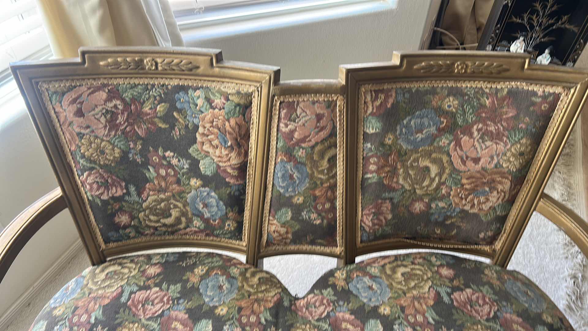 Photo 1 of VINTAGE GILDED WOOD LOVESEAT WITH TAPESTRY FABRIC 4’ x 2’ x H32”
