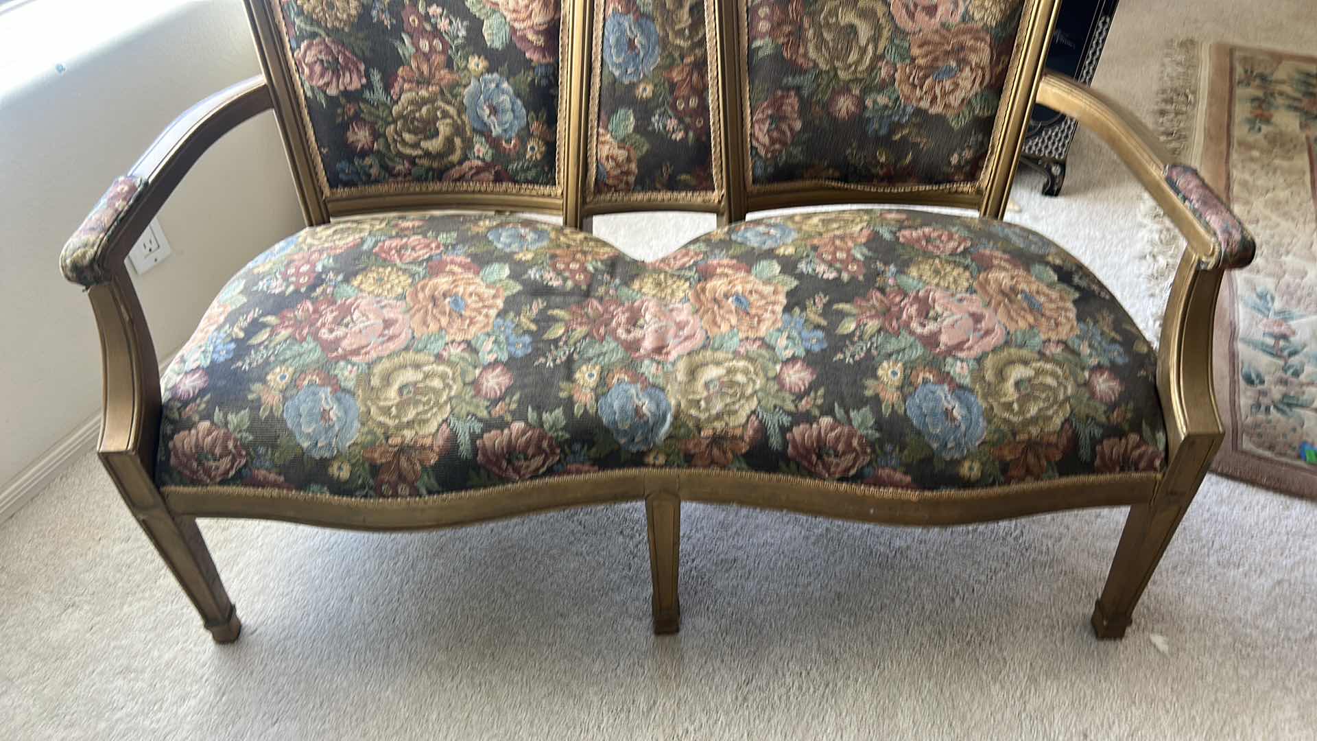 Photo 1 of VINTAGE GILDED WOOD LOVESEAT WITH TAPESTRY FABRIC 4’ x 2’ x H32”