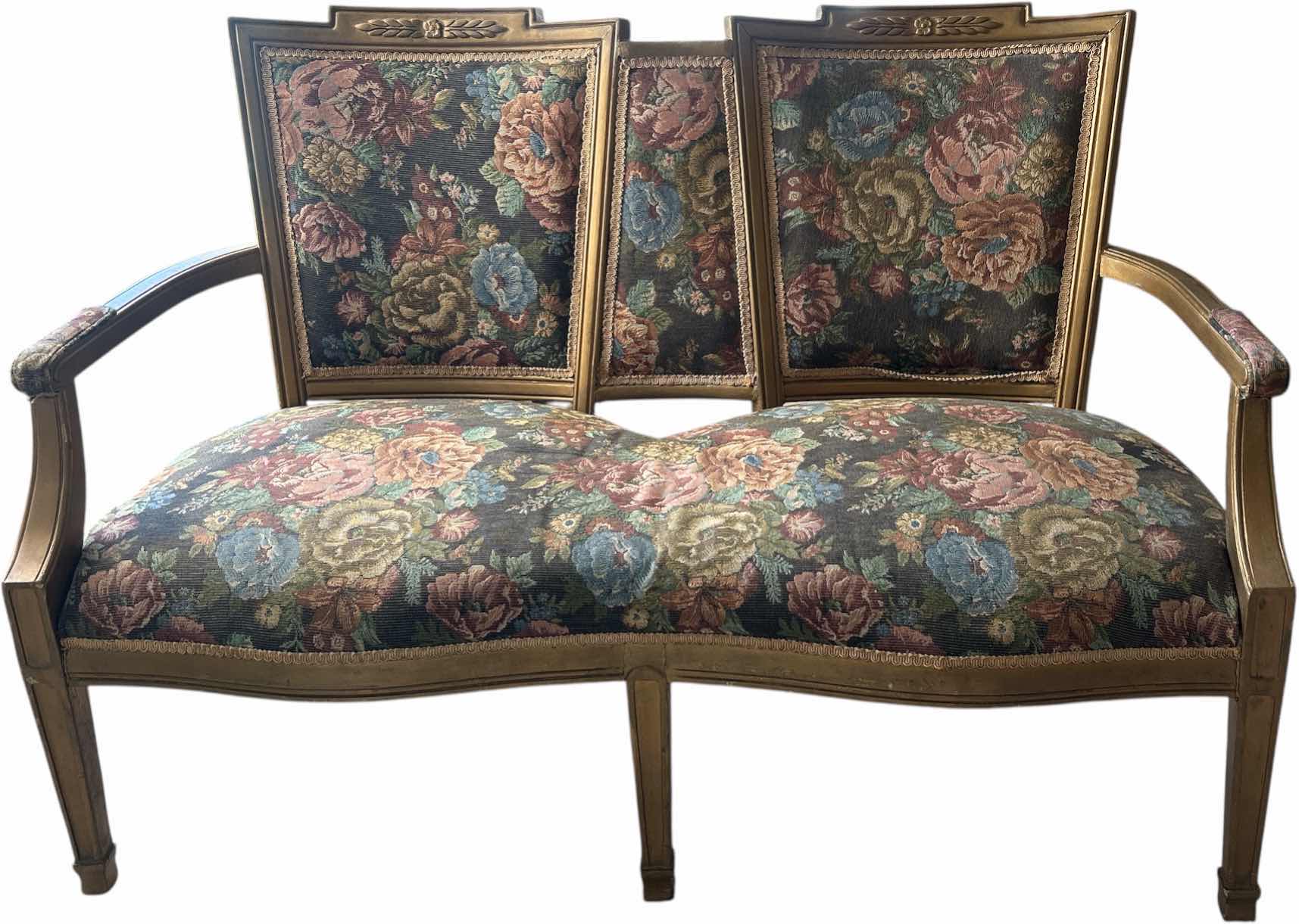 Photo 1 of VINTAGE GILDED WOOD LOVESEAT WITH TAPESTRY FABRIC 4’ x 2’ x H32”