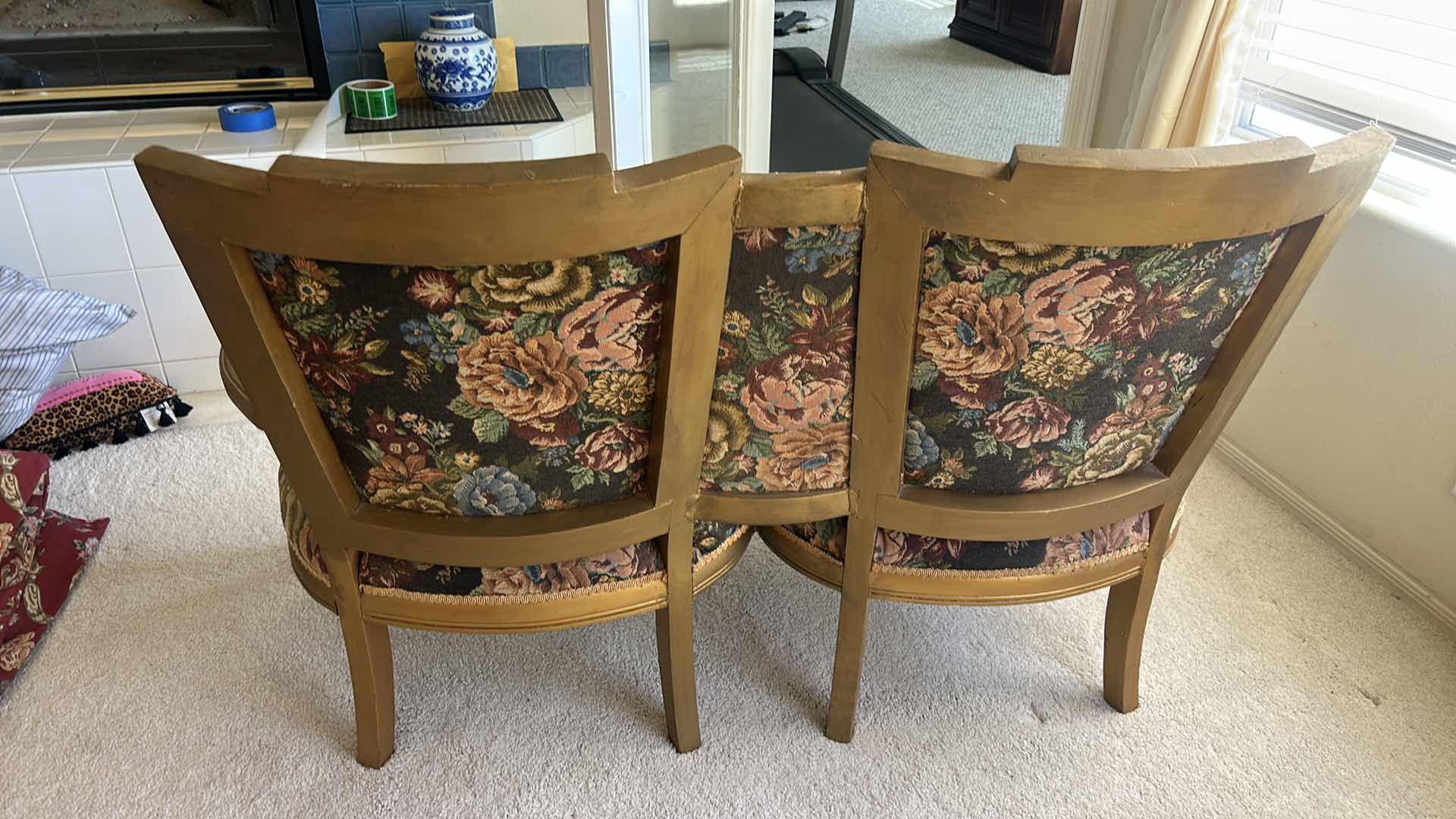 Photo 1 of VINTAGE GILDED WOOD LOVESEAT WITH TAPESTRY FABRIC 4’ x 2’ x H32”