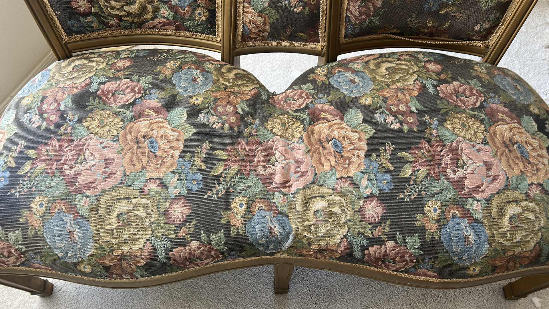 Photo 1 of VINTAGE GILDED WOOD LOVESEAT WITH TAPESTRY FABRIC 4’ x 2’ x H32”