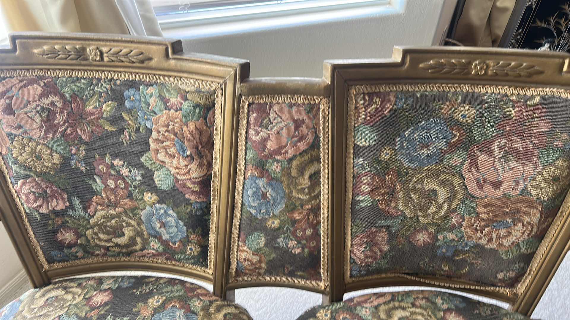 Photo 1 of VINTAGE GILDED WOOD LOVESEAT WITH TAPESTRY FABRIC 4’ x 2’ x H32”