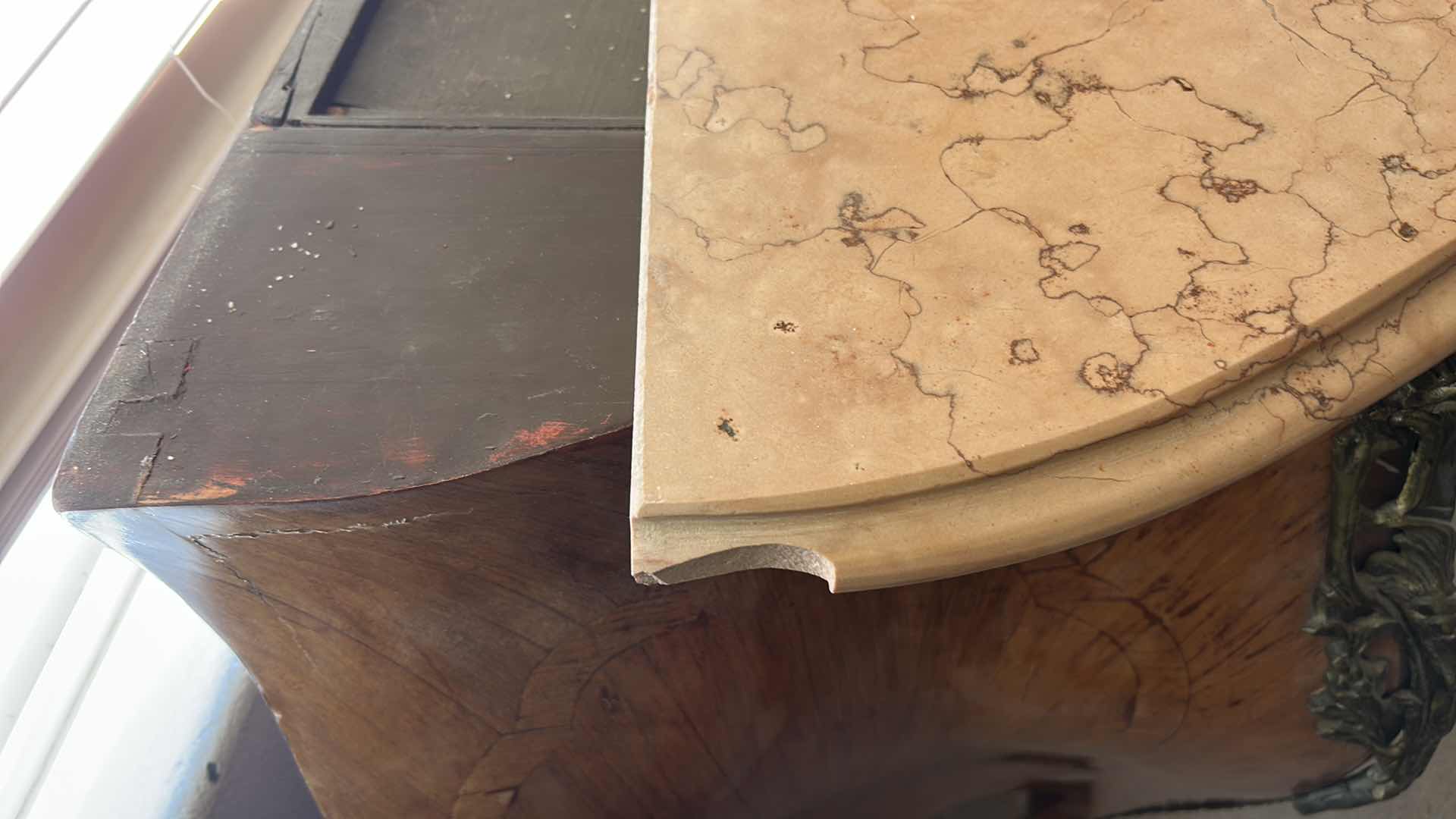 Photo 1 of ANTIQUE FRENCH LOUIS XVI MARBLE TOP BRASS ORMOLU POTBELLY BOMBE COMMODE CHEST 49“ x 22“ x H32“