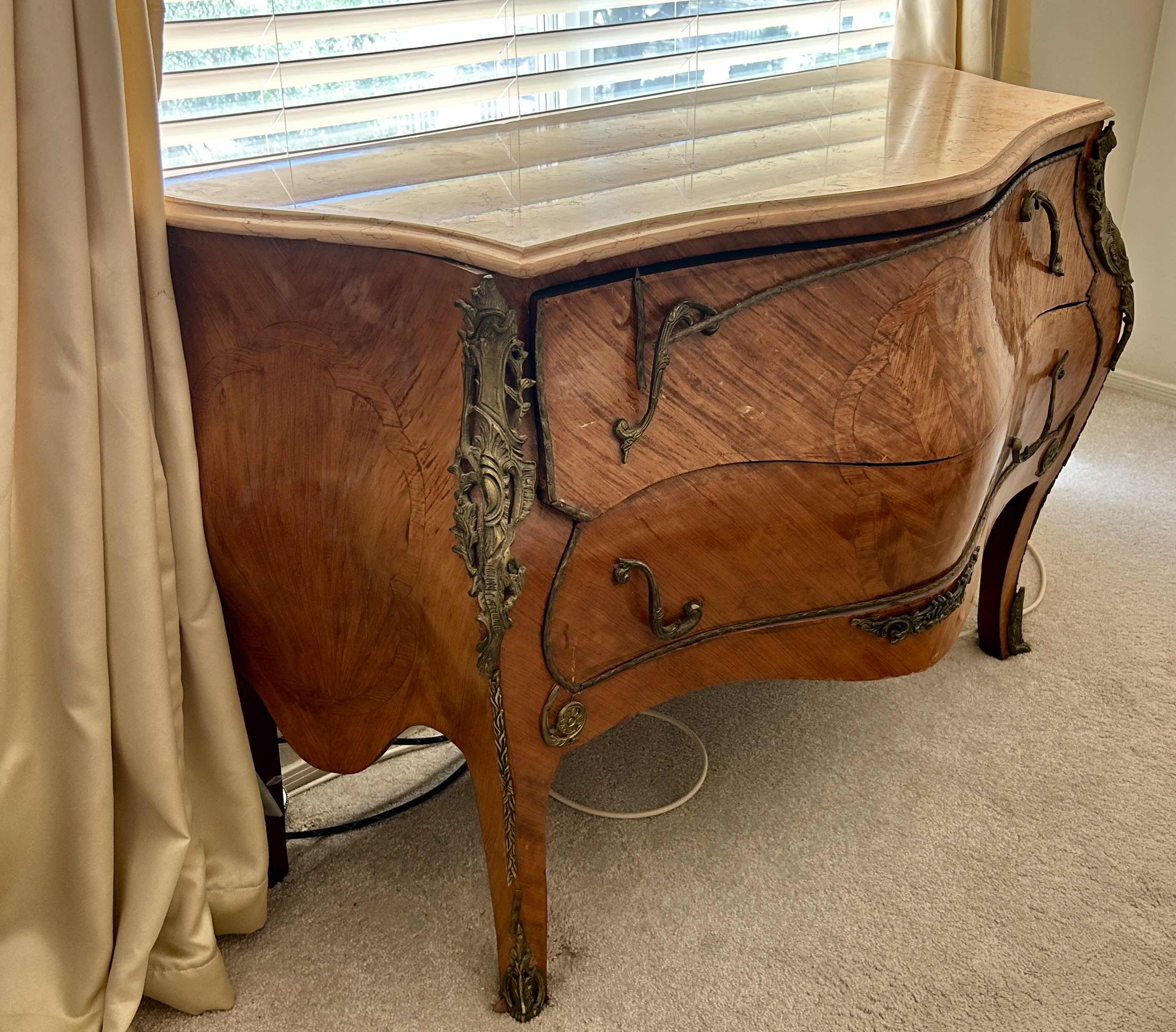 Photo 1 of ANTIQUE FRENCH LOUIS XVI MARBLE TOP BRASS ORMOLU POTBELLY BOMBE COMMODE CHEST 49“ x 22“ x H32“