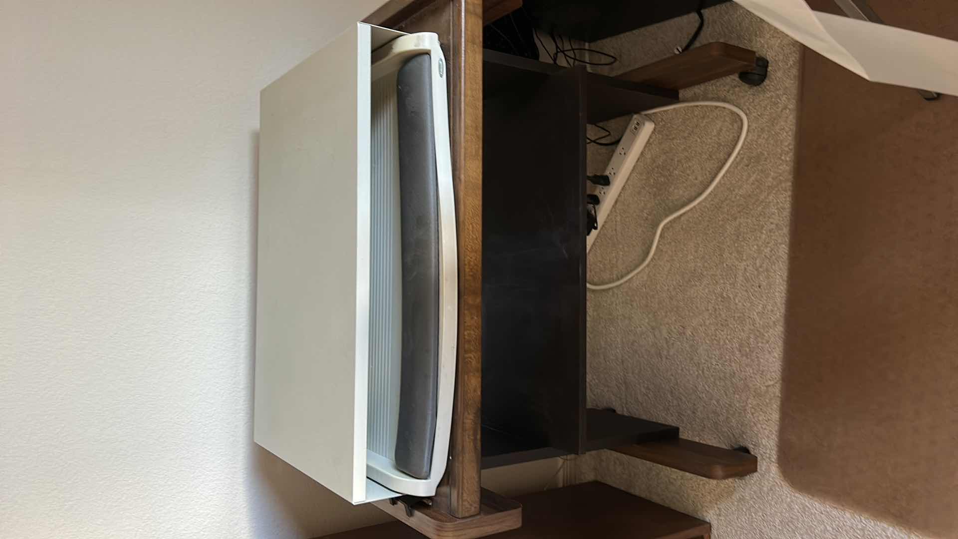 Photo 1 of WOOD COMPUTER STATION CART ON WHEELS 29“ x 19“ x H27 1/2“ AND METAL COMPUTER/KEYBOARD STAND