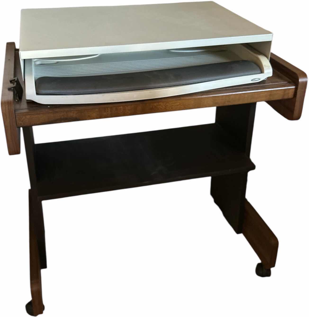 Photo 1 of WOOD COMPUTER STATION CART ON WHEELS 29“ x 19“ x H27 1/2“ AND METAL COMPUTER/KEYBOARD STAND