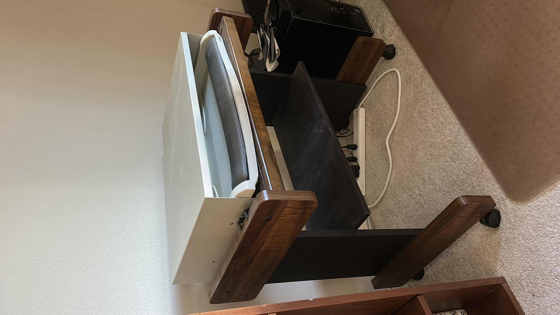 Photo 1 of WOOD COMPUTER STATION CART ON WHEELS 29“ x 19“ x H27 1/2“ AND METAL COMPUTER/KEYBOARD STAND