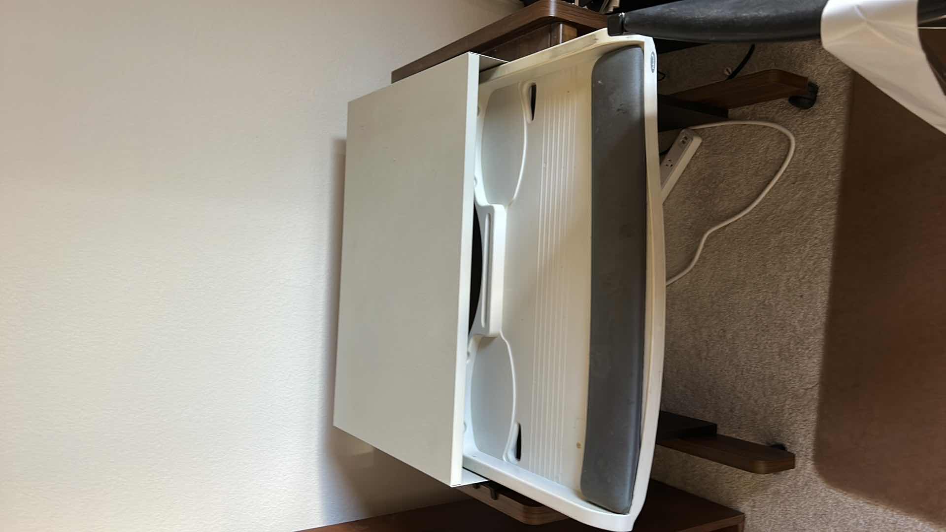 Photo 1 of WOOD COMPUTER STATION CART ON WHEELS 29“ x 19“ x H27 1/2“ AND METAL COMPUTER/KEYBOARD STAND