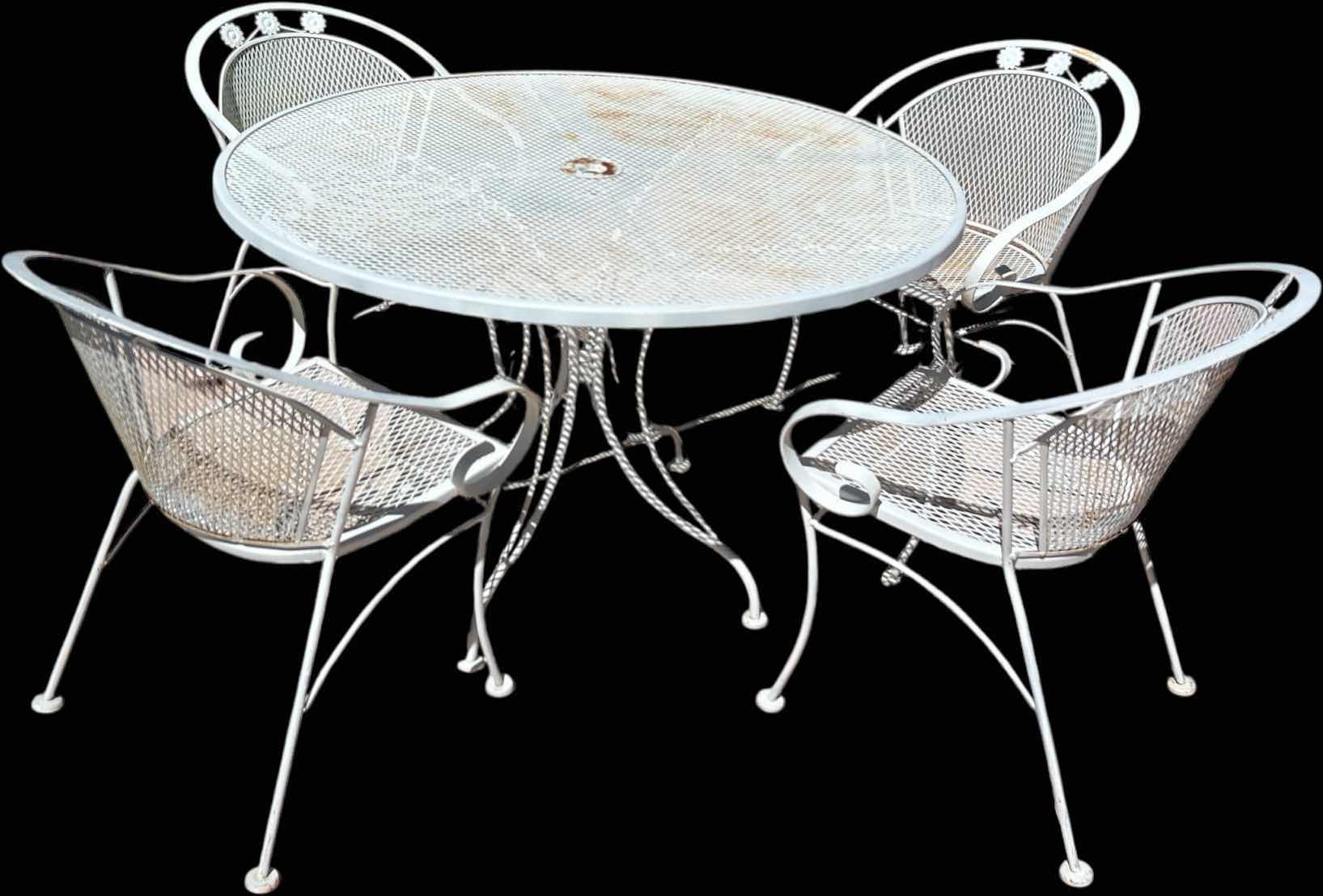 Photo 1 of VINTAGE METAL OUTDOOR PATIO TABLE  4‘ x H29 1/2“AND 4 CHAIRS