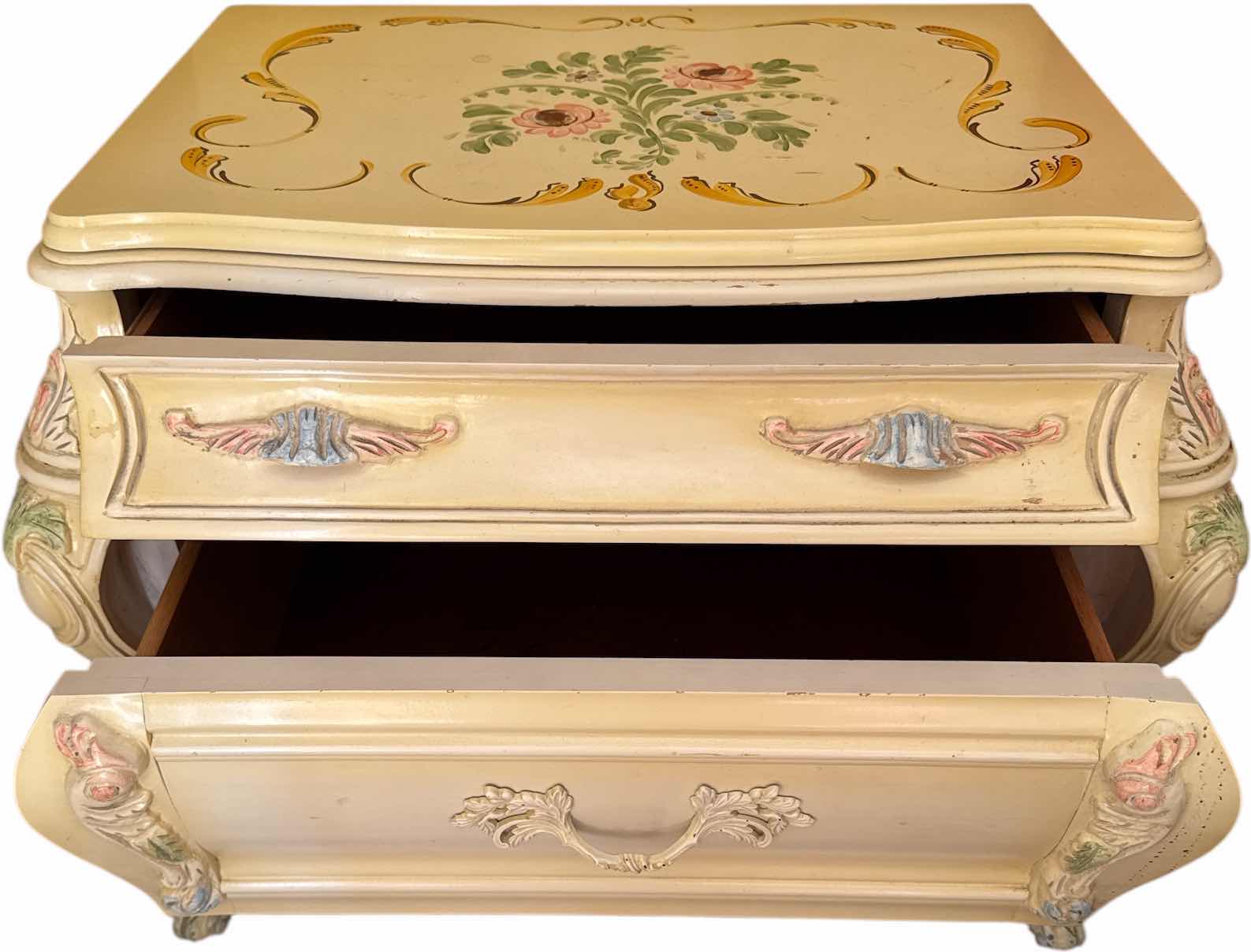 Photo 1 of VINTAGE WOOD CARVED VICTORIAN HAND PAINTED FLORAL DESIGN NIGHT STAND DRESSER 
29” X 18.5” X H24”