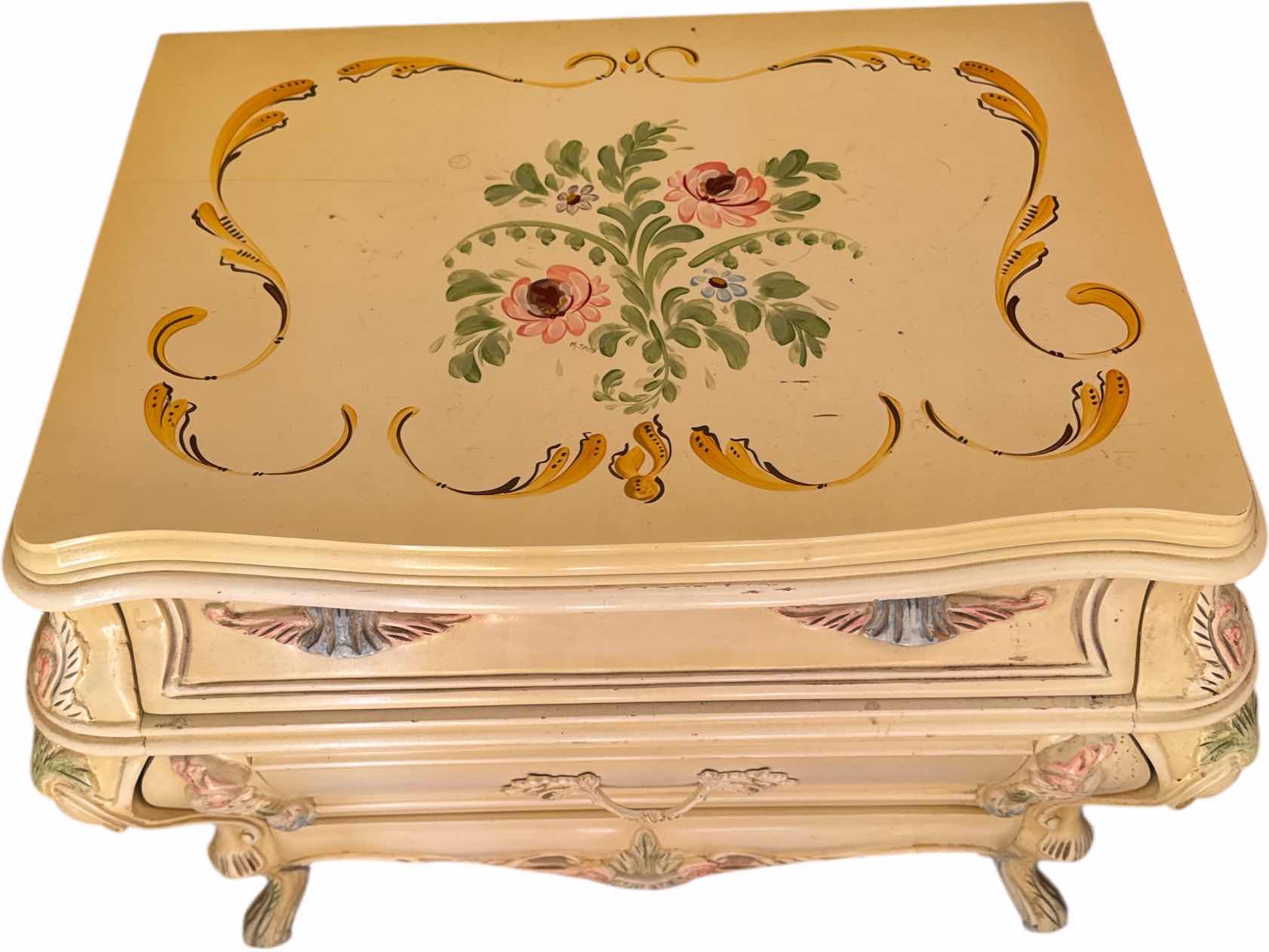Photo 1 of VINTAGE WOOD CARVED VICTORIAN HAND PAINTED FLORAL DESIGN NIGHT STAND DRESSER 
29” X 18.5” X H24”