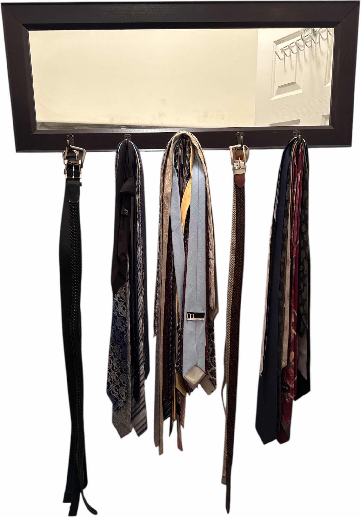 Photo 1 of WOODEN WALL MIRROR WITH HOOKS ASSORTED TIES AND BELTS INCLUDED
W36” X L14”