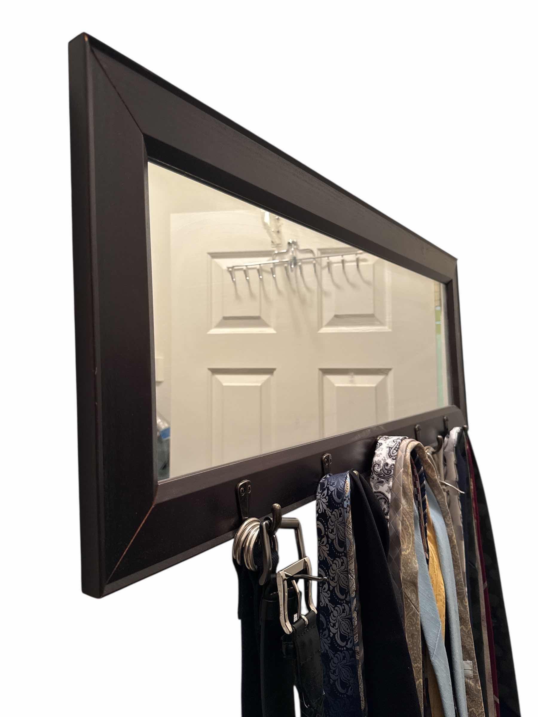 Photo 1 of WOODEN WALL MIRROR WITH HOOKS ASSORTED TIES AND BELTS INCLUDED 
W36” X L14”