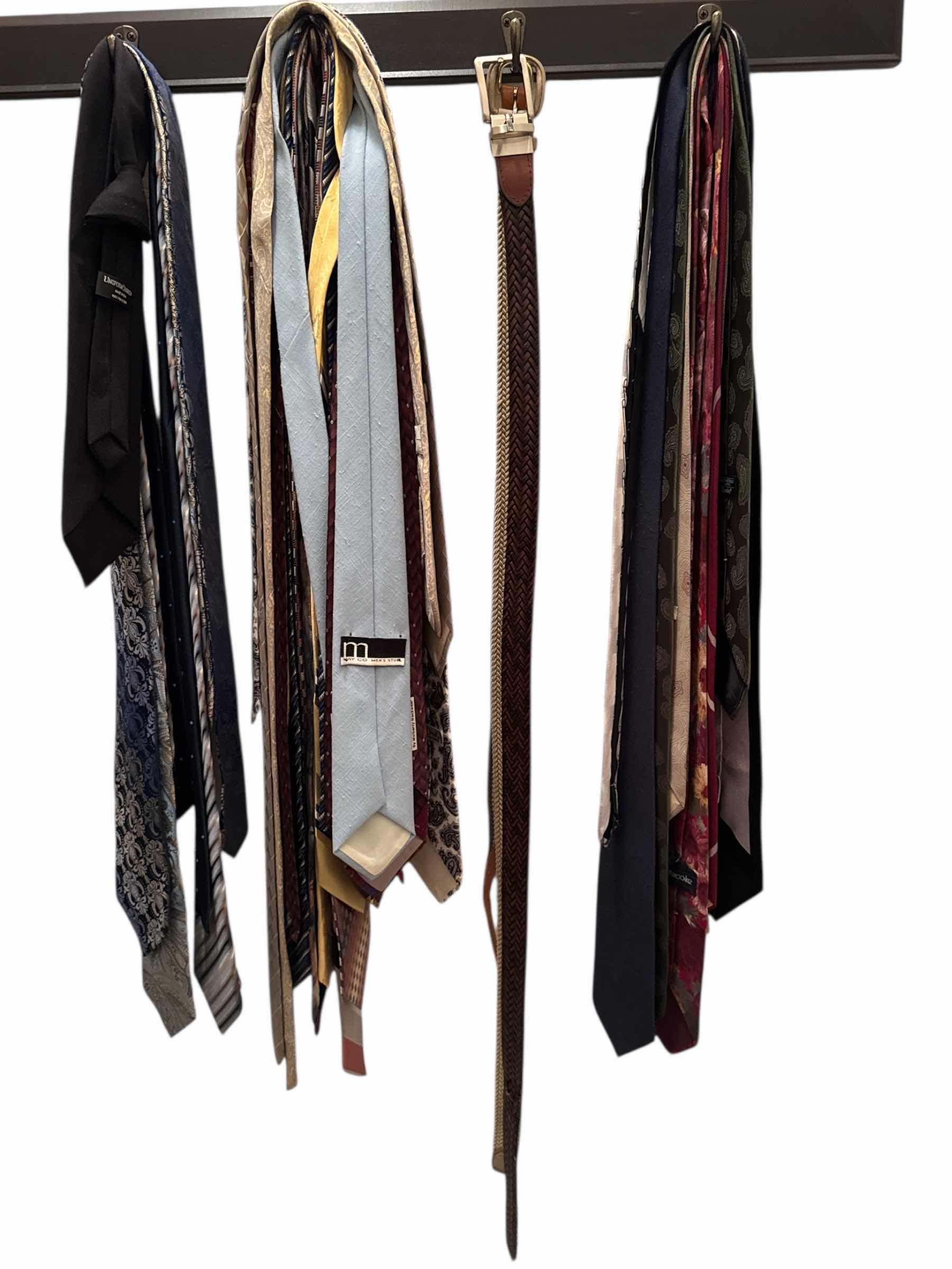 Photo 1 of WOODEN WALL MIRROR WITH HOOKS ASSORTED TIES AND BELTS INCLUDED 
W36” X L14”