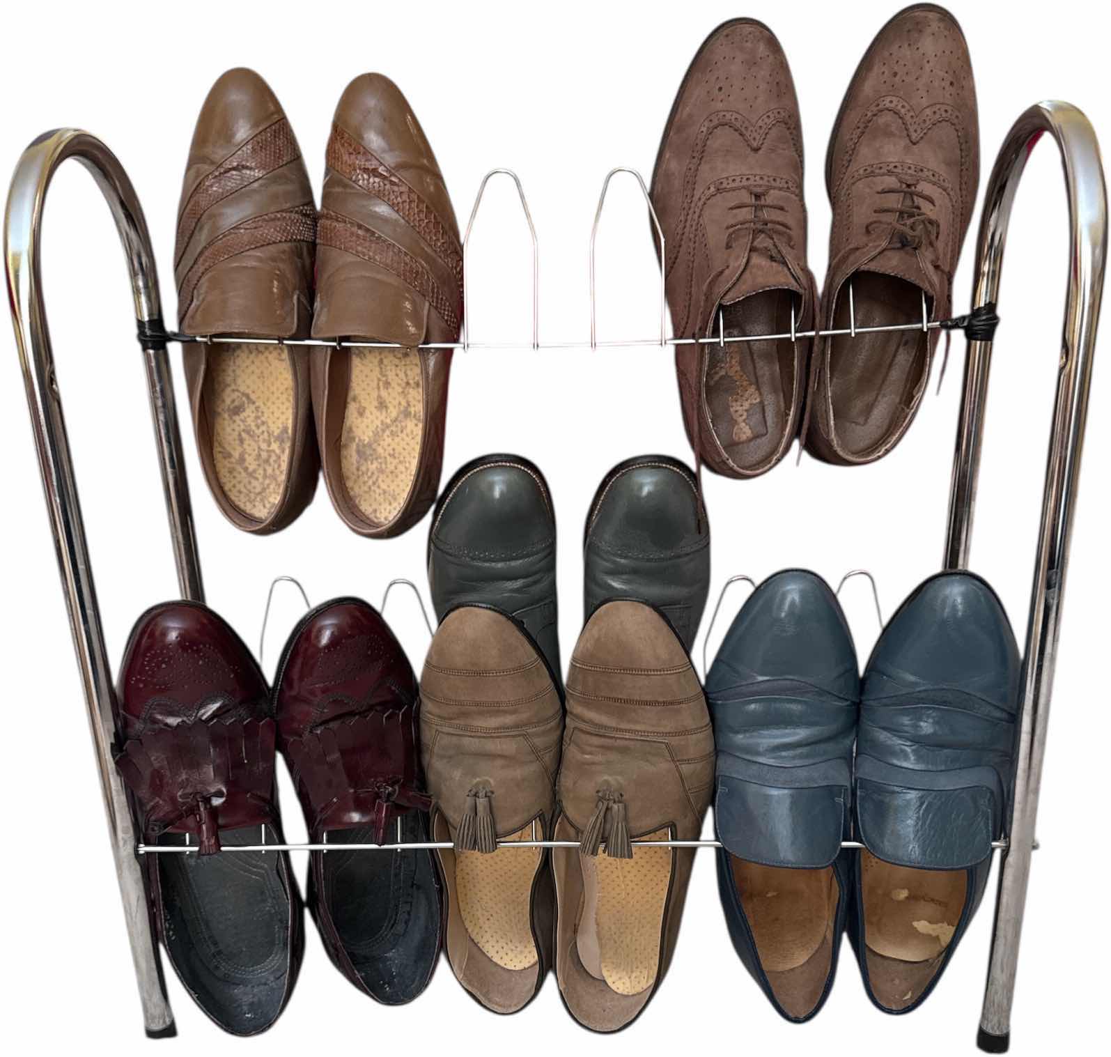 Photo 1 of METAL SHOE RACK WITH 6 PAIRS OF MENS DRESS SHOES SIZE 12 LEATHER AND SUADE
SHOE RACK
22.5” X 8” X H22”