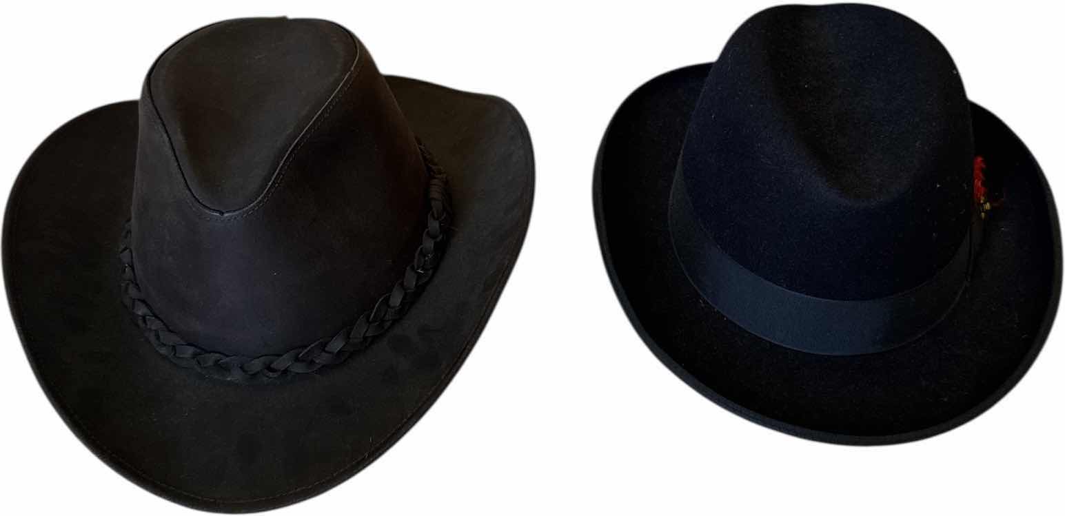 Photo 1 of 2- VINTAGE BROWN LEATHER AND BLACK SUADE MENS HATS L/XL