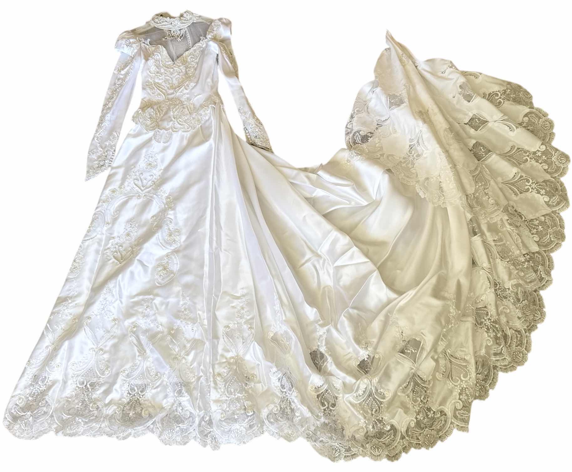 Photo 1 of VINTAGE WEEDING DRESS GOWN PEAL AND SEQUIN BEADED SATIN WHITE X SMALL