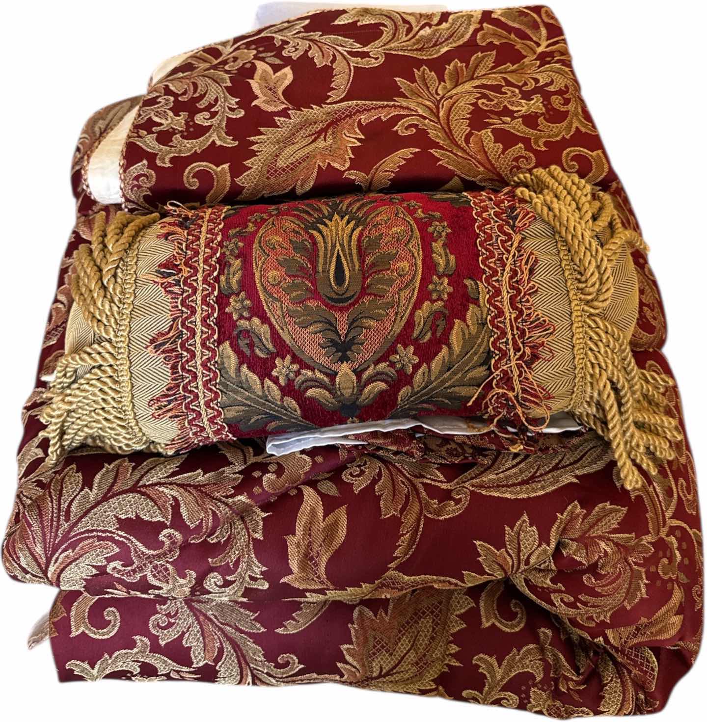 Photo 1 of 5 PIECE BED SET CALIFORNIA KING COMFORTER BED SKIRT 2-PILLOW COVERS AND DECORATIVE PILLOW
BURGUNDY AND GOLD TONES